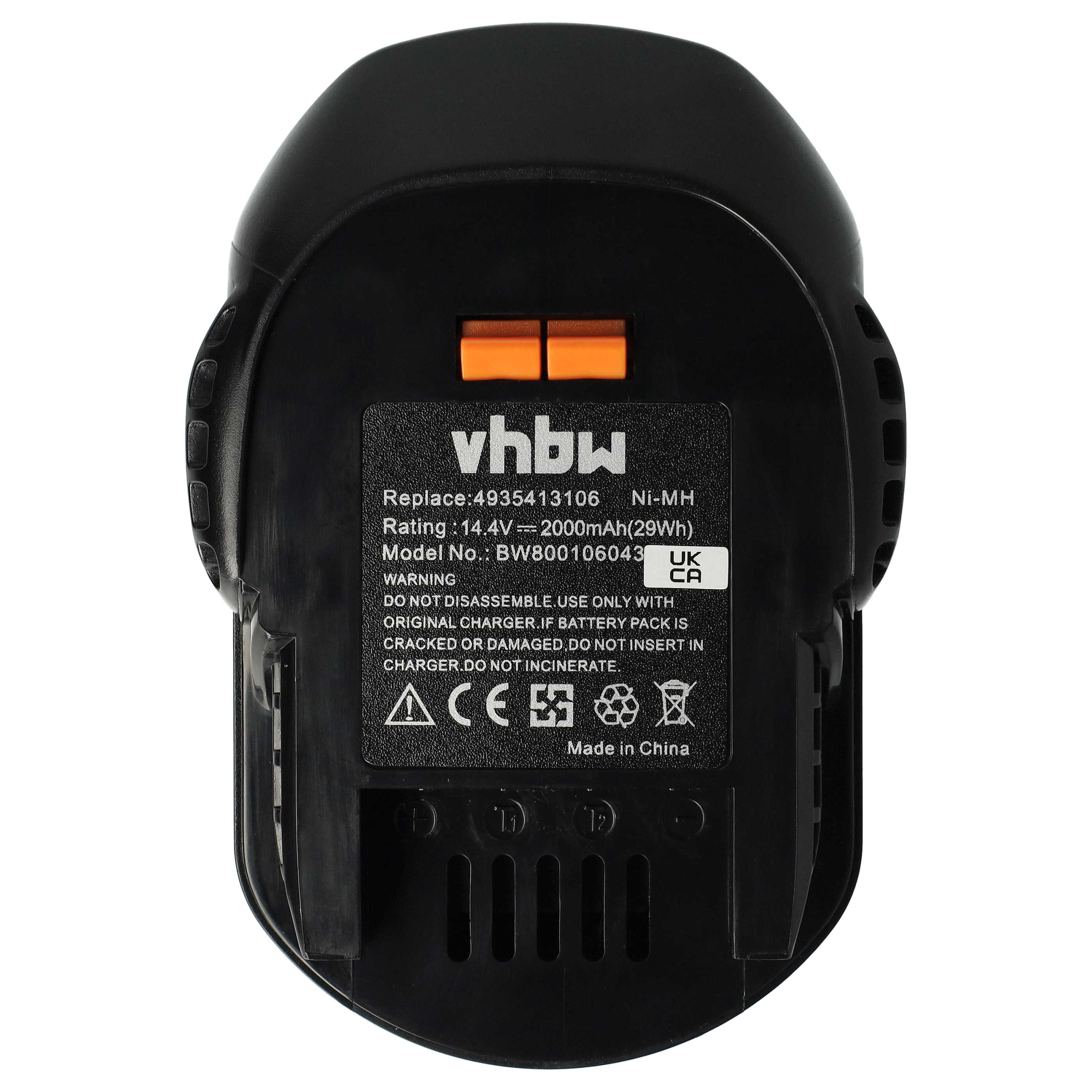 Schwarzer Vhbw-Akkupack mit orangefarbenen Akzenten und Warnhinweisen. Enthält Text und Symbole.