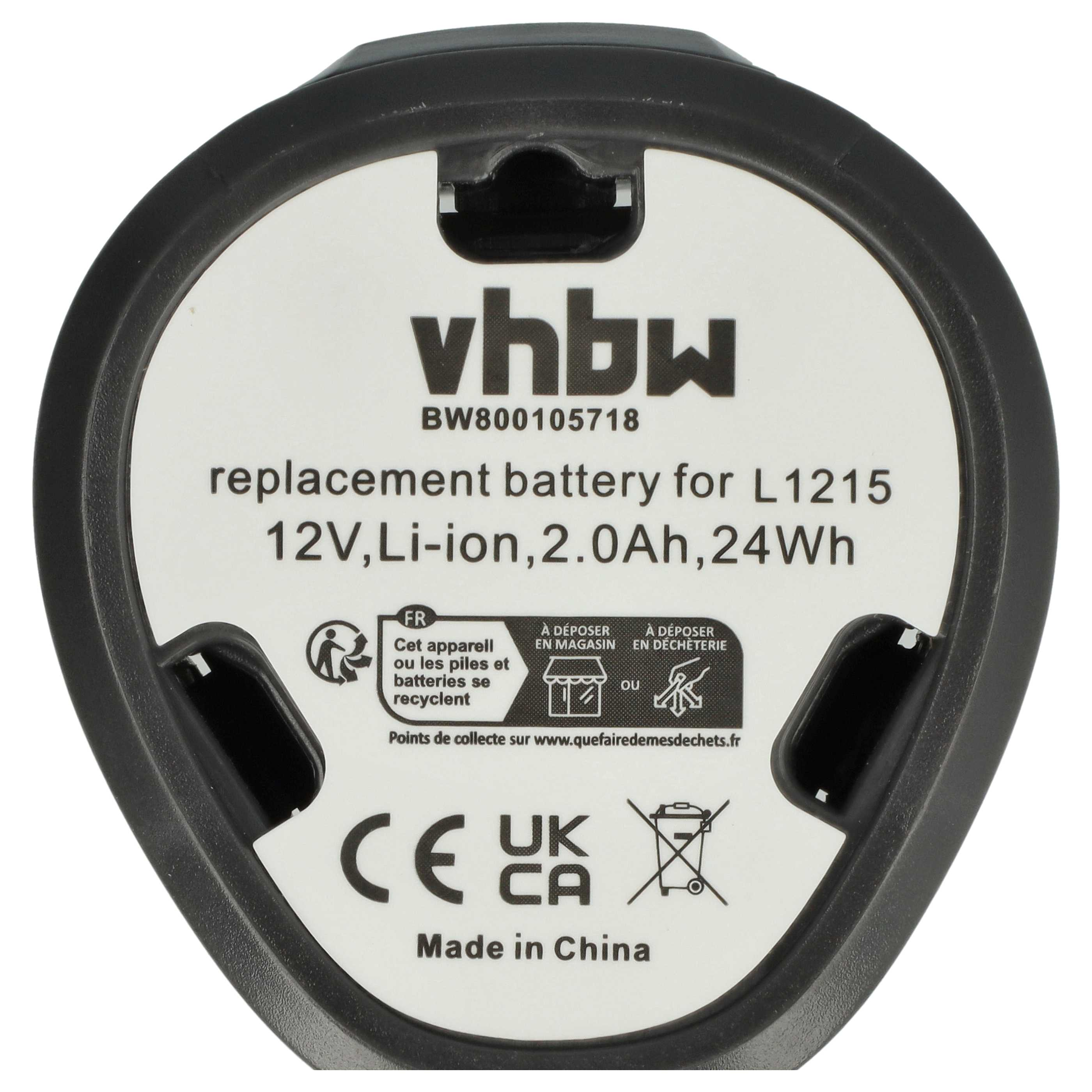 Ein schwarzes Batterieetikett zeigt Text: vhbw, Modellinfo, 12V Li-Ion und Recycling-Symbole. Hergestellt in China.