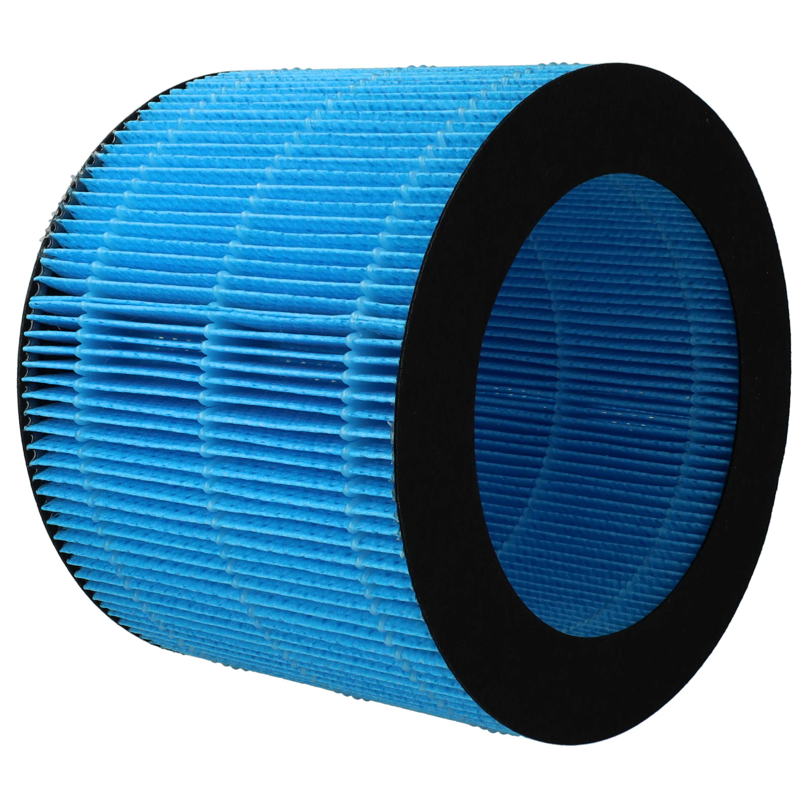Ein zylindrischer Luftfilter mit blauem, plissiertem Papier und einem schwarzen, kreisförmigen Rahmen.