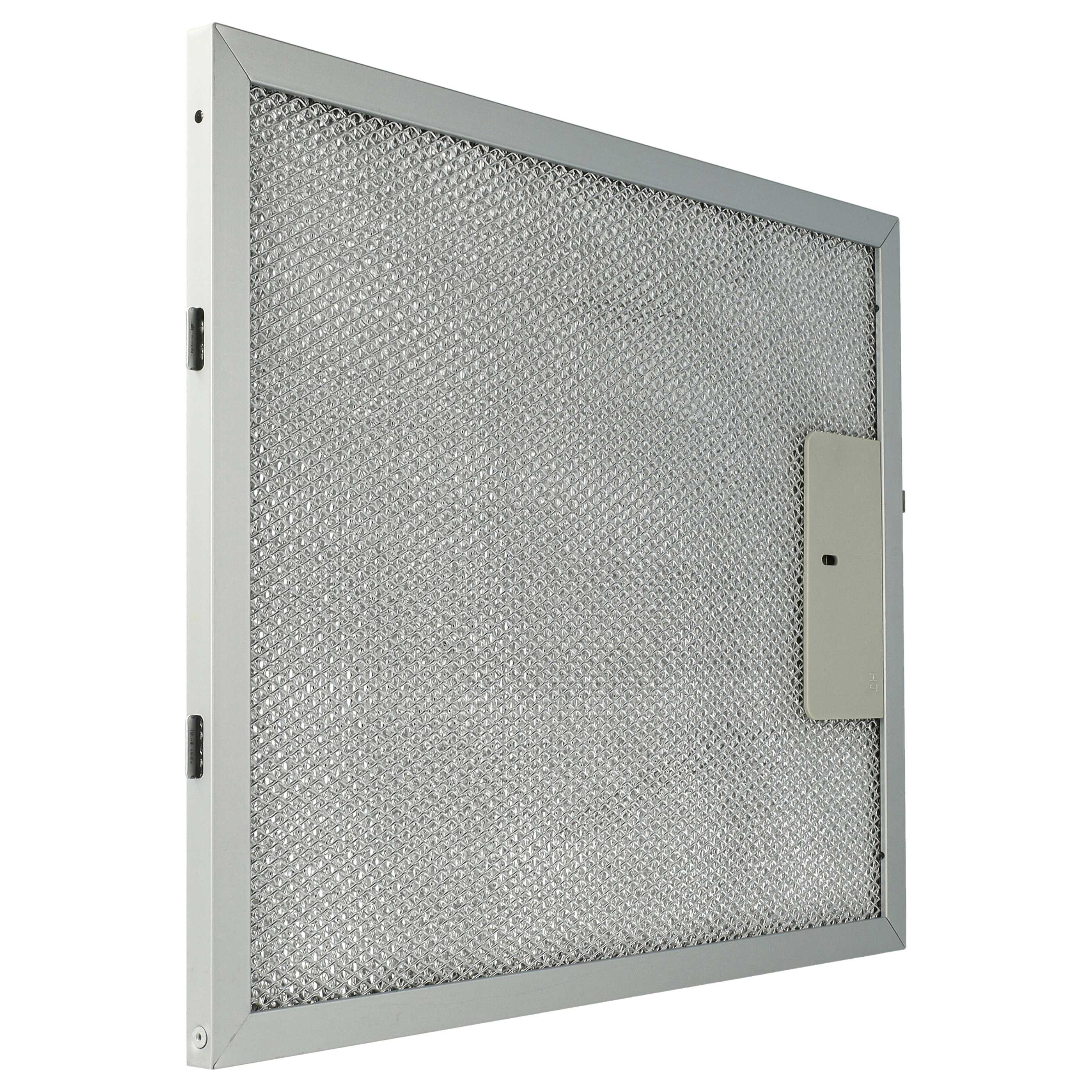 Ein silberner Küchenabzugsfilter. Er hat ein Metallgitter und einen silbernen Rahmen. Auf der rechten Seite ist ein kleiner Griff.