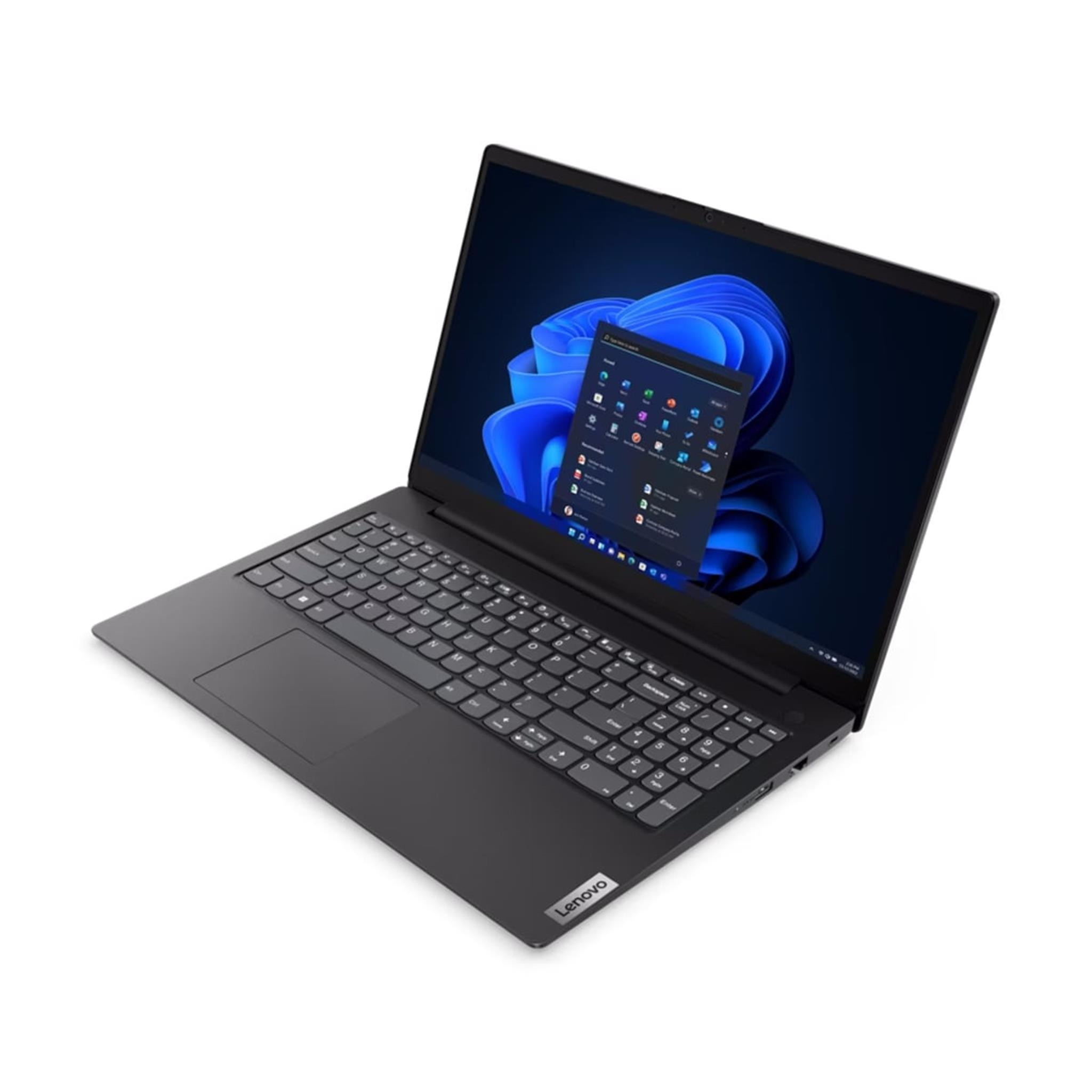 Ein schwarzer Laptop auf weißem Hintergrund. Der Bildschirm zeigt Windows mit App-Symbolen und blauem Hintergrund.