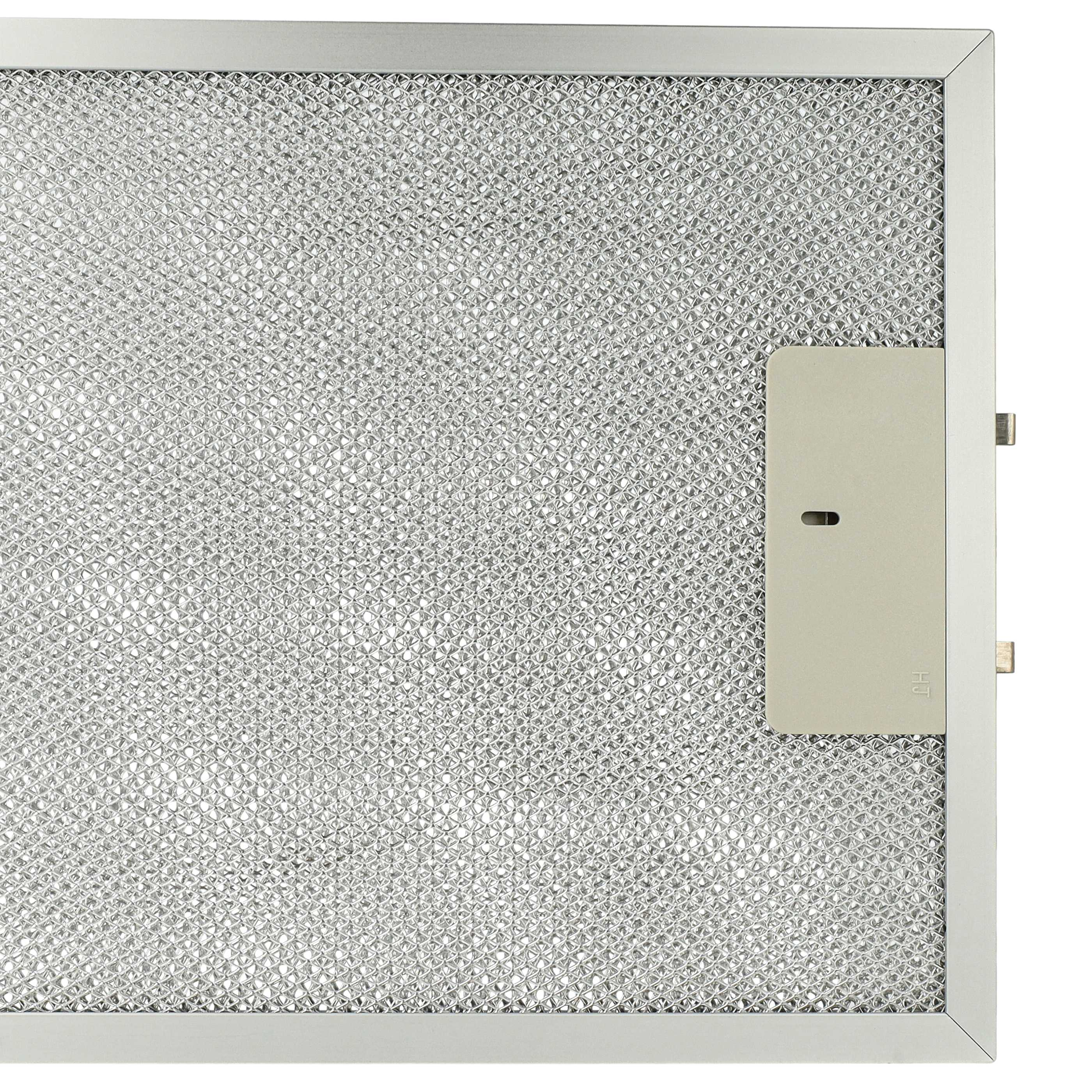 Nahaufnahme eines metallischen Dunstabzugshaubenfilters. Er hat eine quadratische Form mit einem Netzmuster und einer rechteckigen Platte.