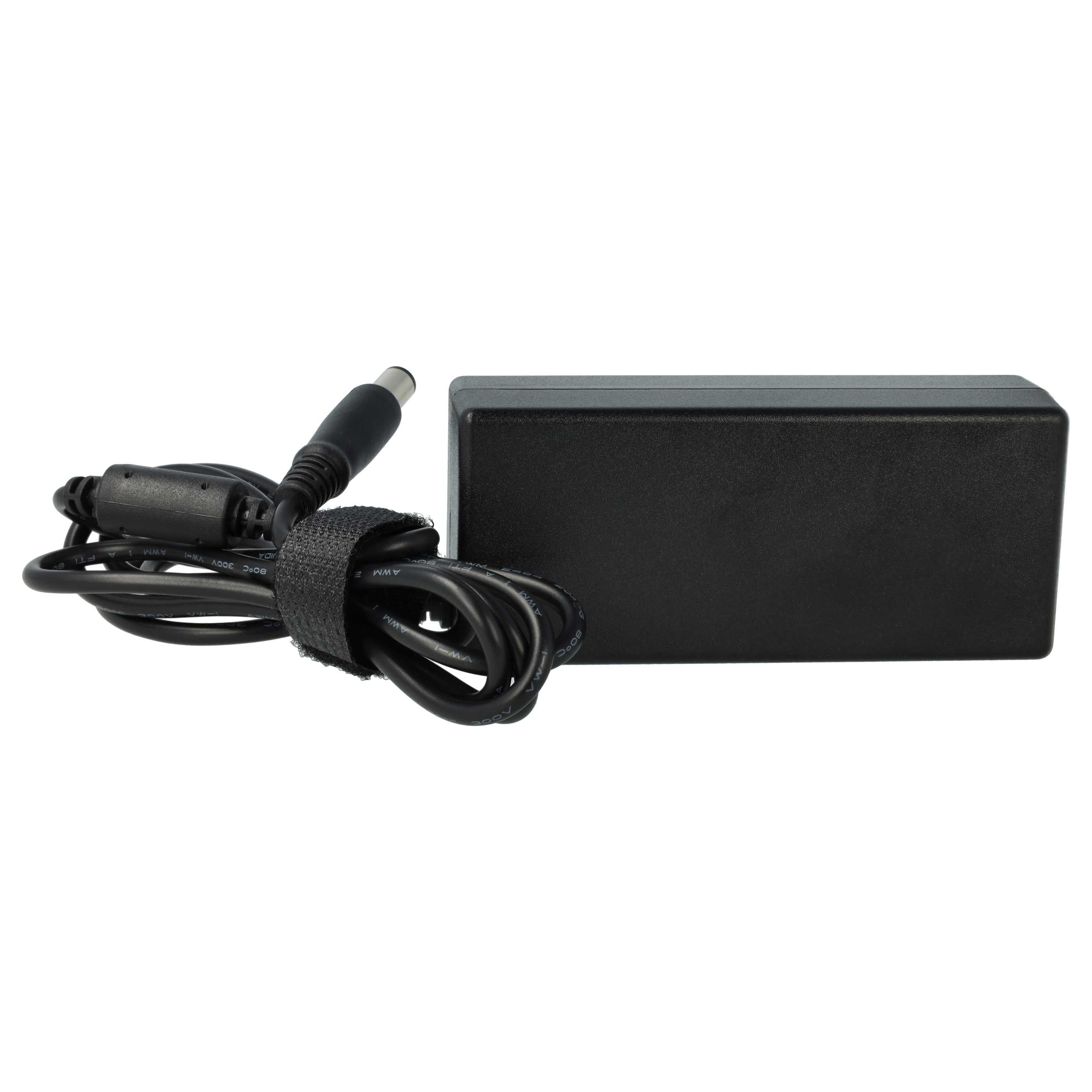 Ein schwarzes Laptop-Ladegerät mit schwarzem Kabel und Stecker. Das Ladegerät befindet sich auf weißem Hintergrund.
