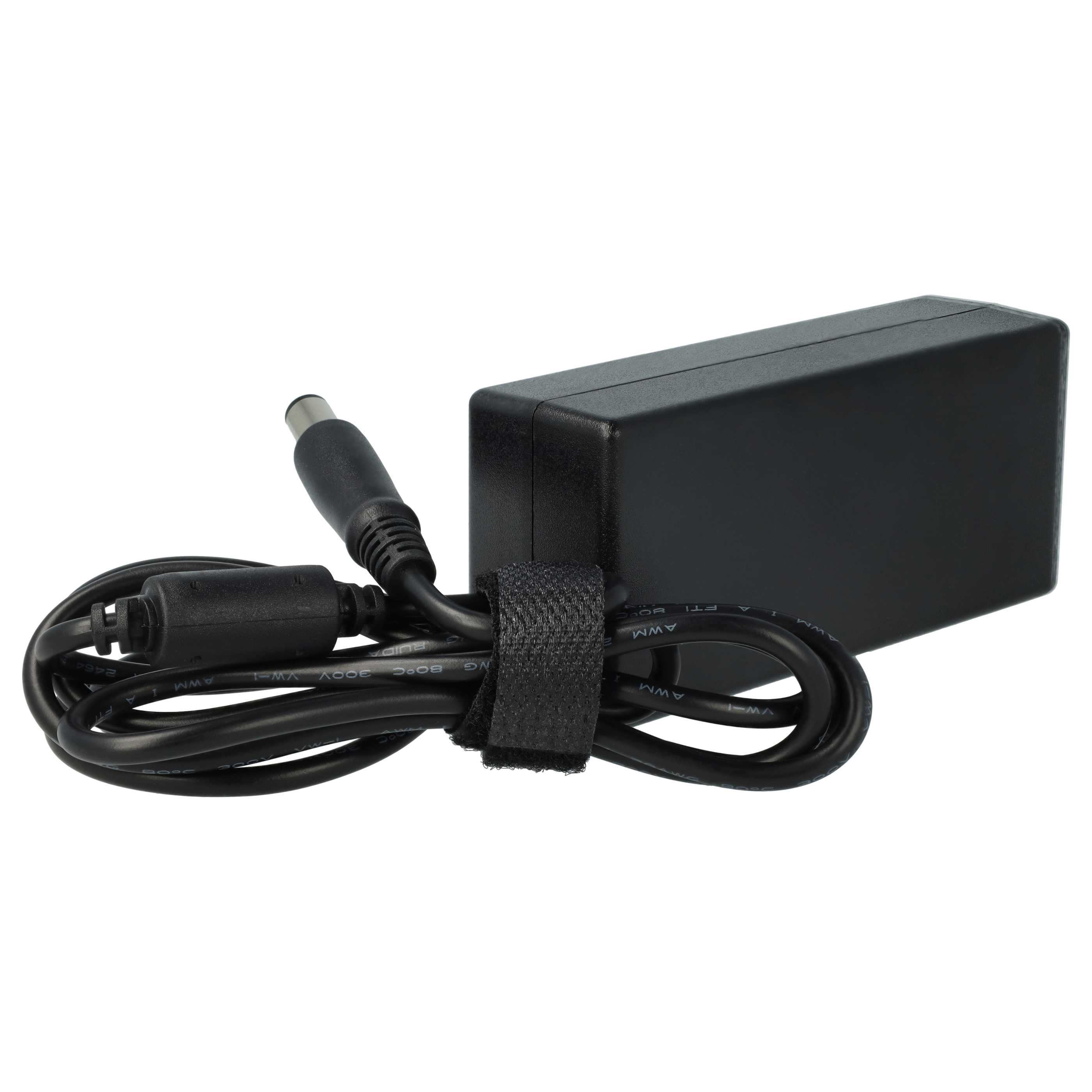 Ein schwarzes Laptop-Netzteil mit schwarzem Kabel und Stecker. Das Kabel ist umwickelt und mit einem Klettverschluss gesichert.