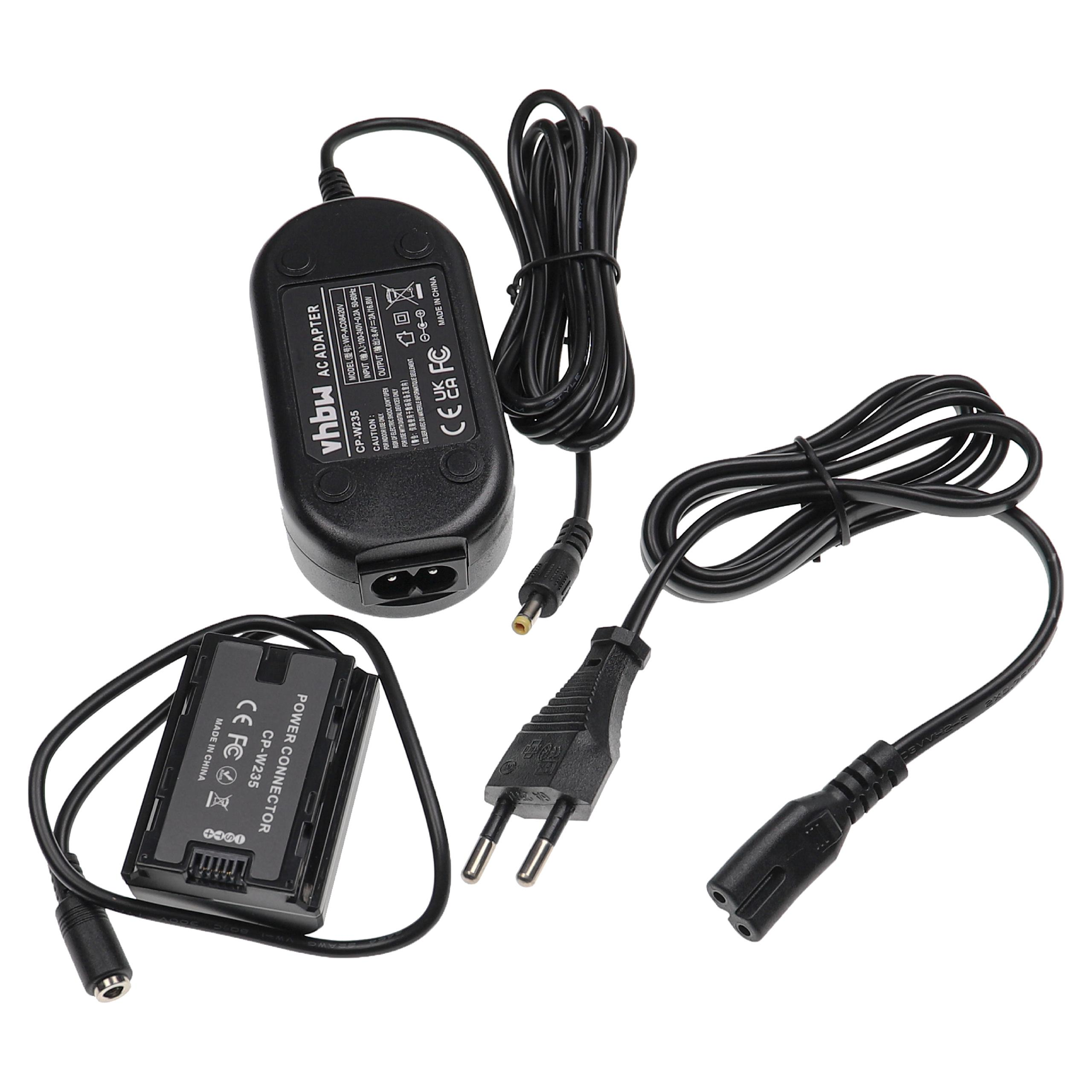 Schwarze Kamerabatterie-Ladegerätkomponenten auf Weiß. Enthält AC-Adapter, Stromanschluss und Netzkabel.