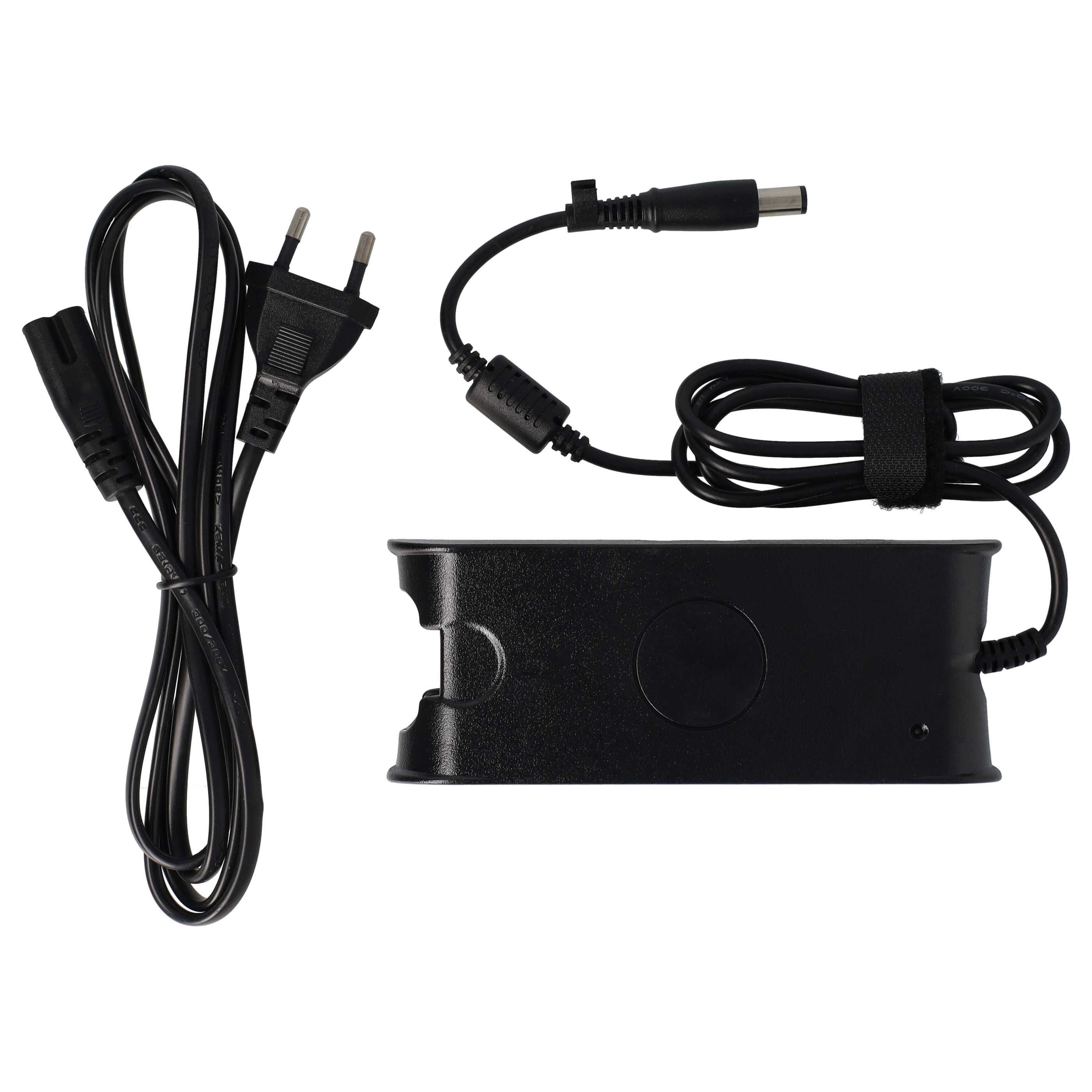 Ein schwarzes Laptop-Ladegerät mit Netzkabel, Zweipolstecker und Gleichstromanschluss, alles auf weißem Hintergrund.