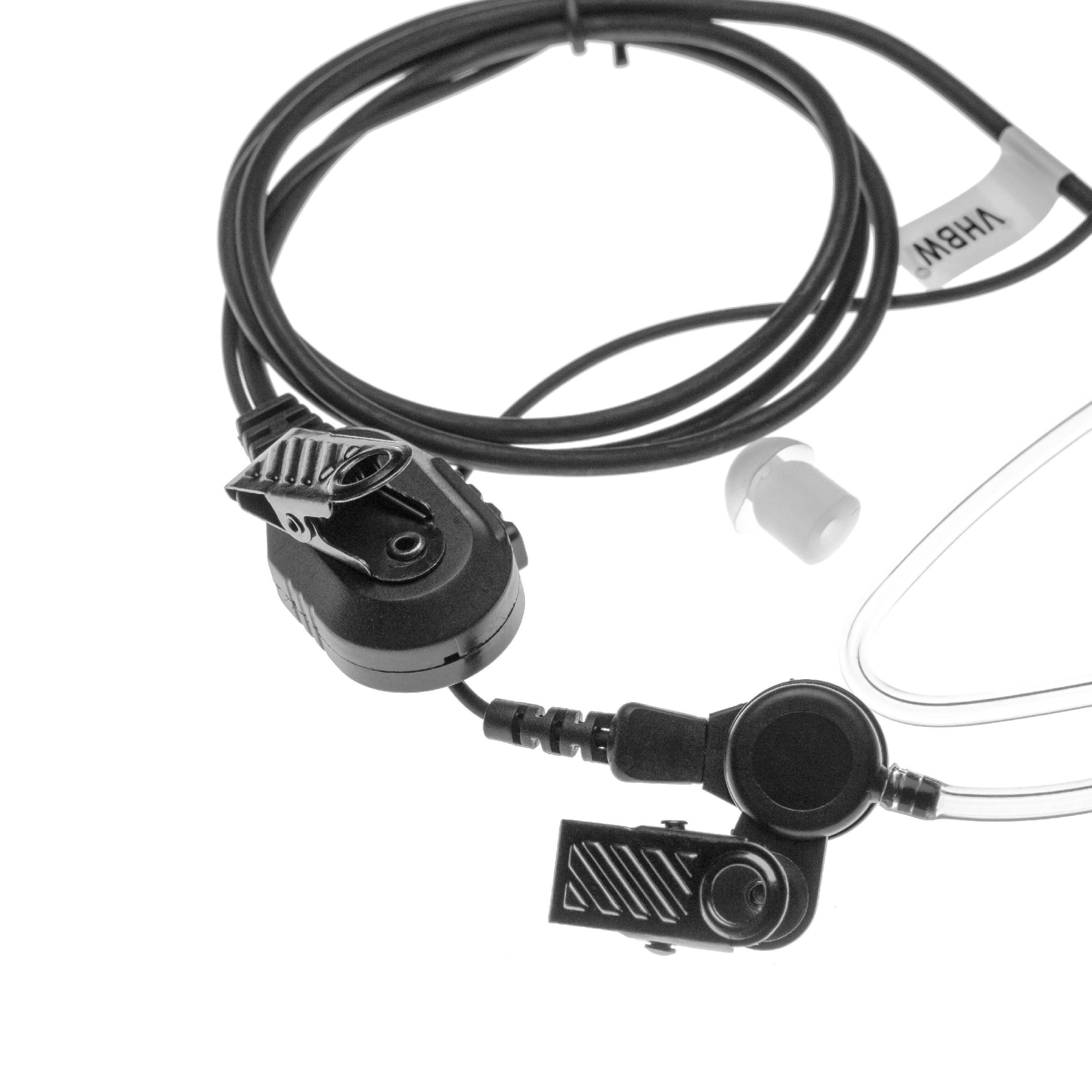 Schwarzes Headset mit Clip und Ohrhörer. Das Headset hat ein Kabel, ein Mikrofon und einen Ohrhörer.