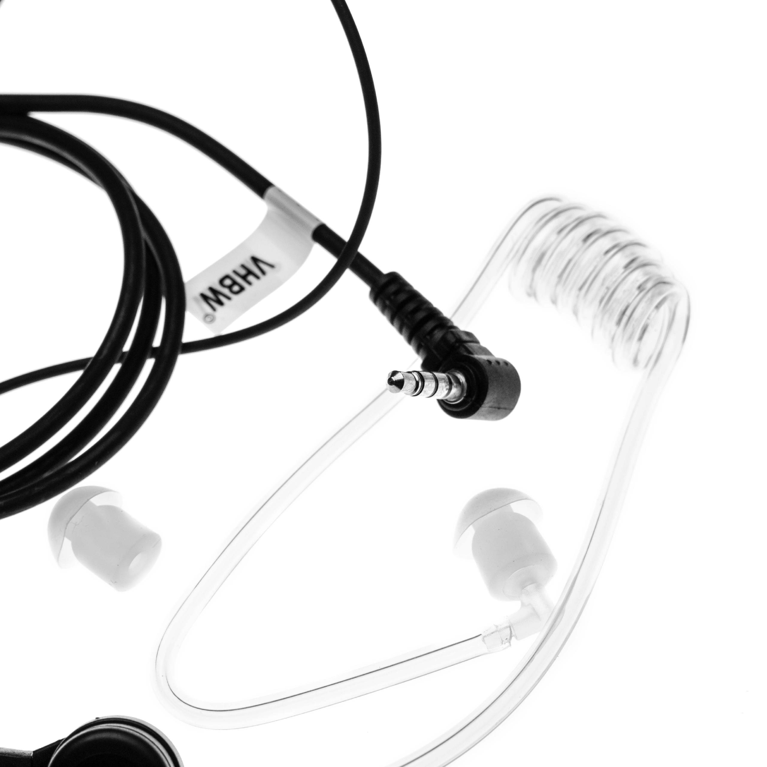 Schwarzer In-Ear-Monitor mit klarem Schlauch und weißem Ohrhörer. Schwarzes Kabel mit Aufschrift 'VHBW'. Weißer Hintergrund.