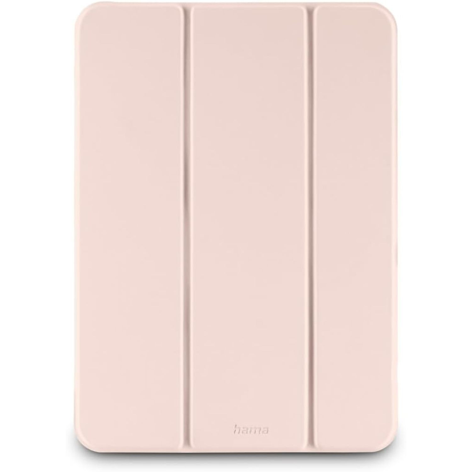 Eine hellrosa Tablet-Hülle, gefaltet. Sie hat drei Abschnitte und der Markenname 'hama' ist unten sichtbar.