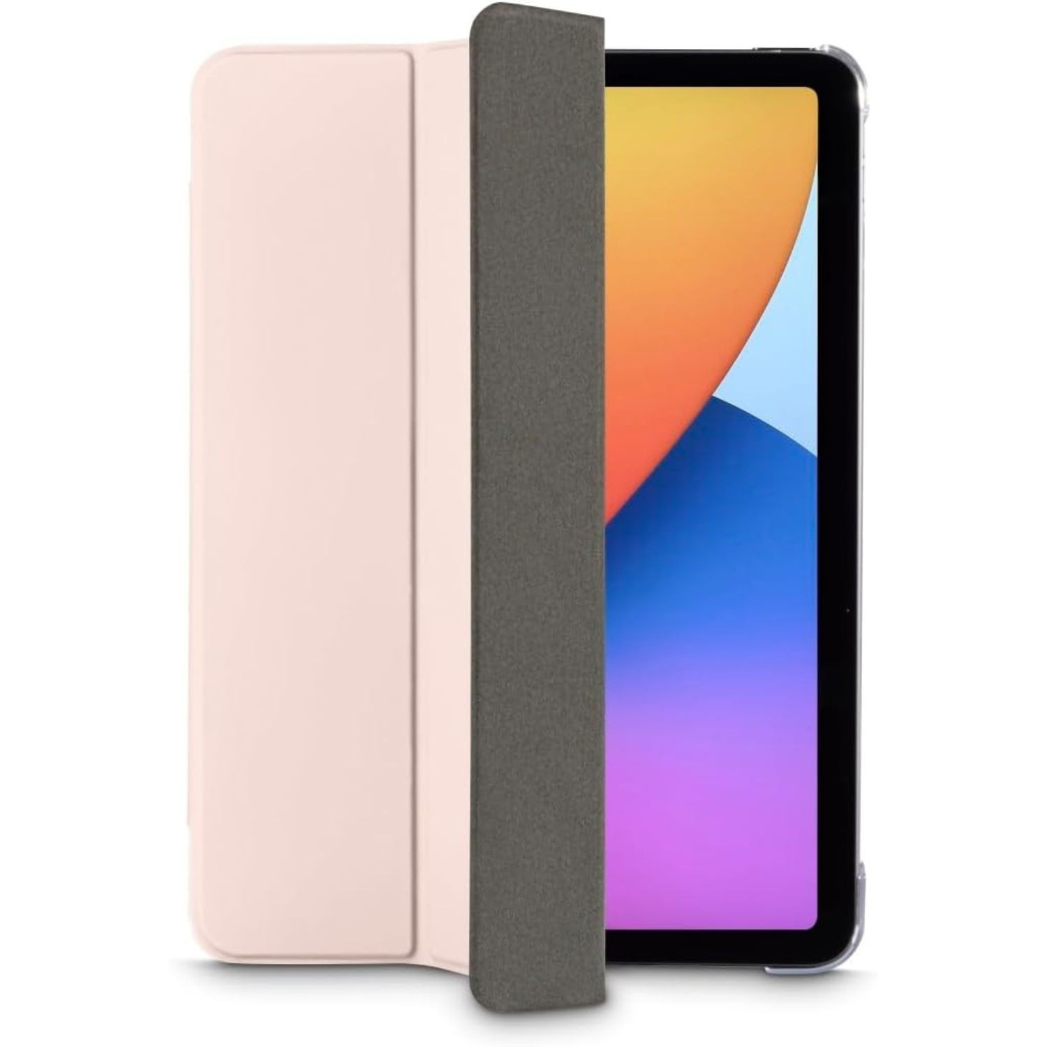 Ein iPad mit rosa Hülle ist teilweise geöffnet. Der Bildschirm zeigt einen bunten Hintergrund. Die Hülle hat eine dunkelgraue Abdeckung.