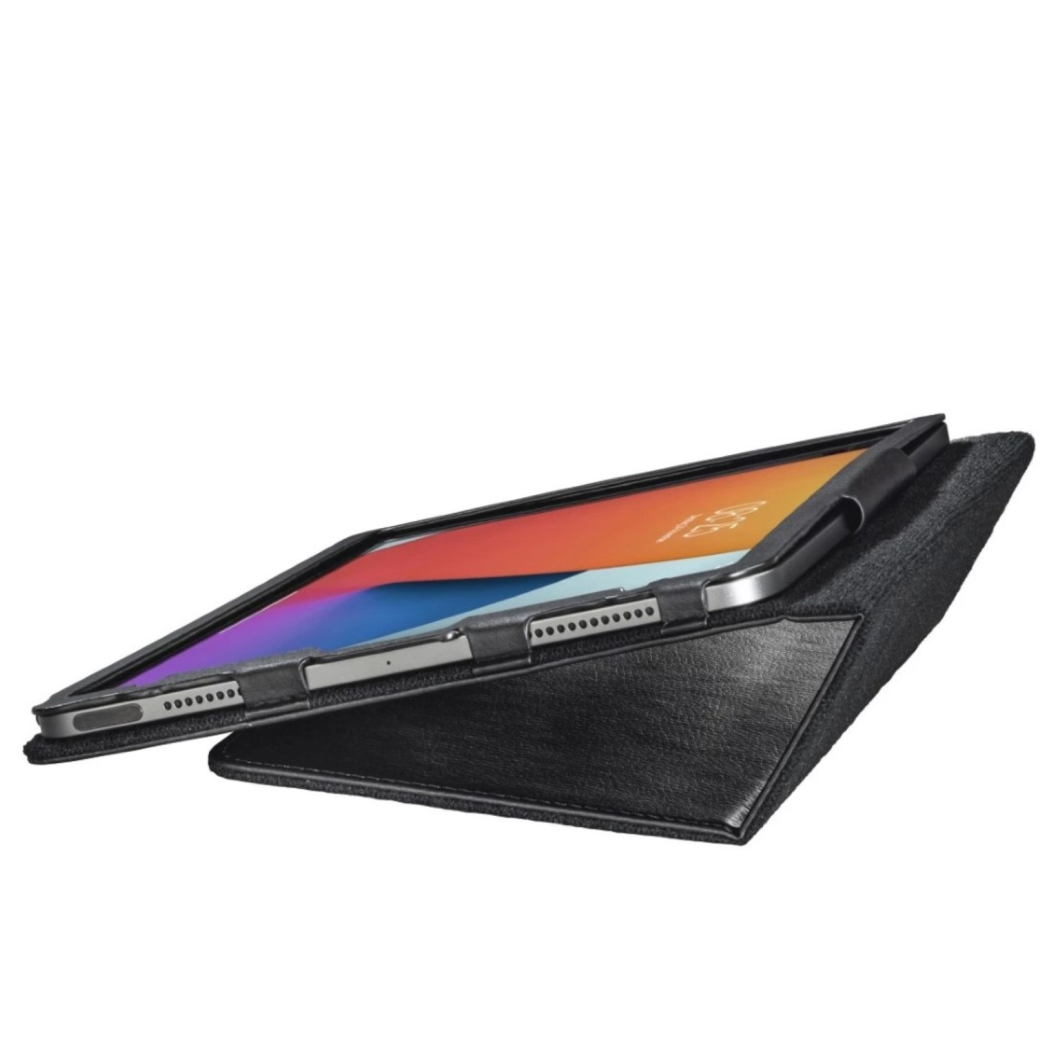 Ein geöffnetes Tablet liegt auf einer schwarzen Hülle. Das Tablet zeigt einen farbenfrohen Bildschirm. Die Hülle hat eine strukturierte Oberfläche.