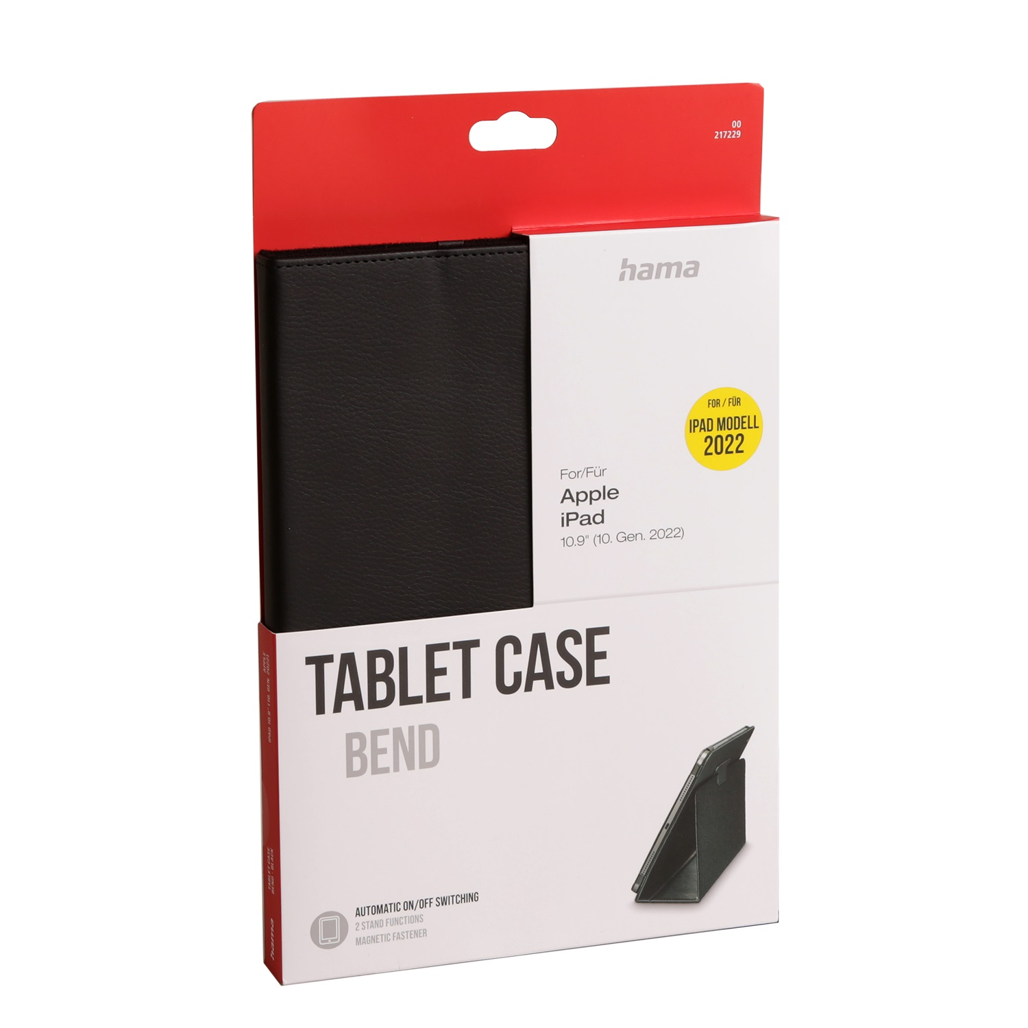 Eine Tablet-Hülle in einer Schachtel. Die Schachtel ist weiß und rot, mit dem Markennamen 'hama'. Sie ist für ein Apple iPad, Modell 2022.