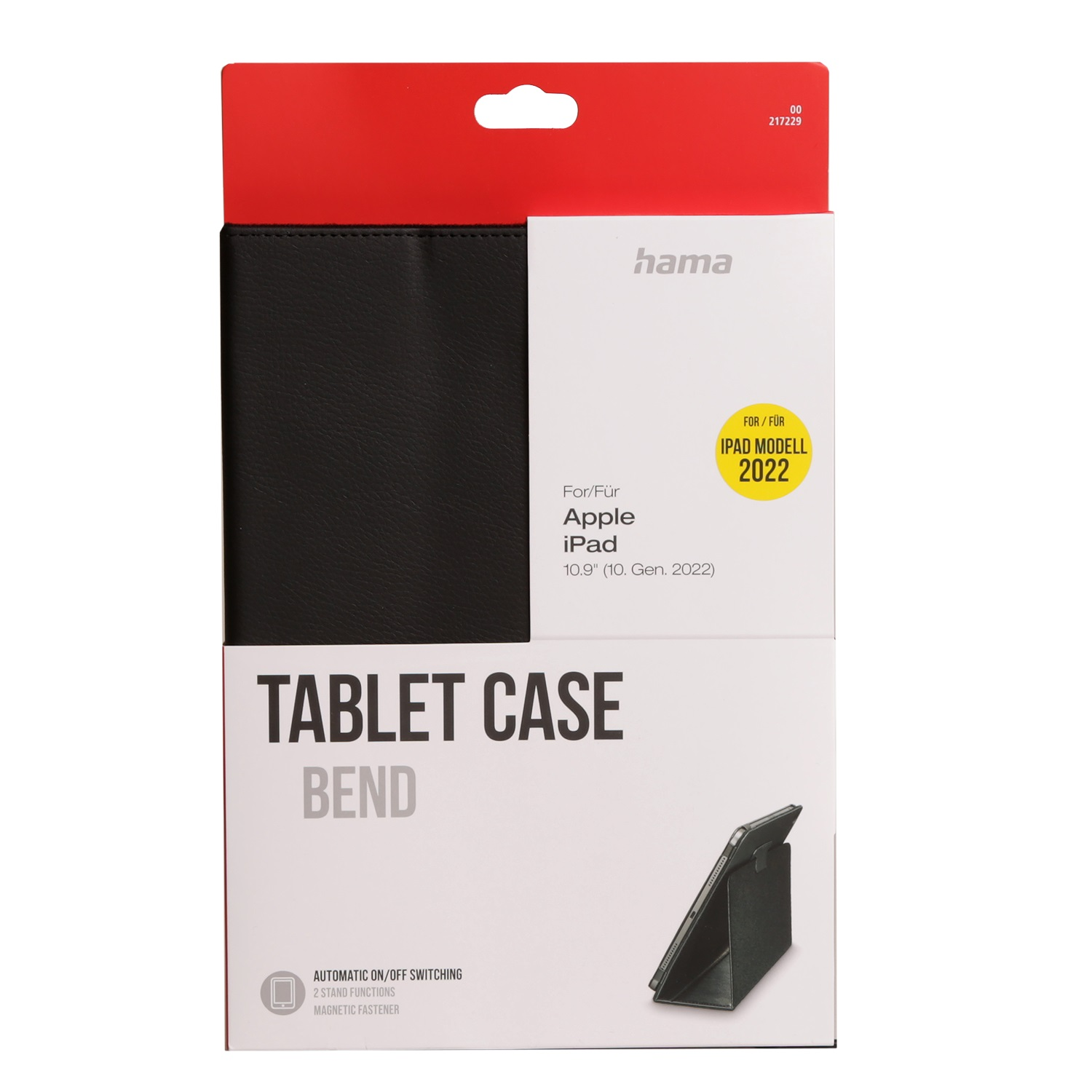 Eine Tablet-Hülle-Verpackung. Es ist eine schwarze Hülle für das iPad, mit dem Markennamen "hama" darauf. Die Verpackung ist rot und weiß.
