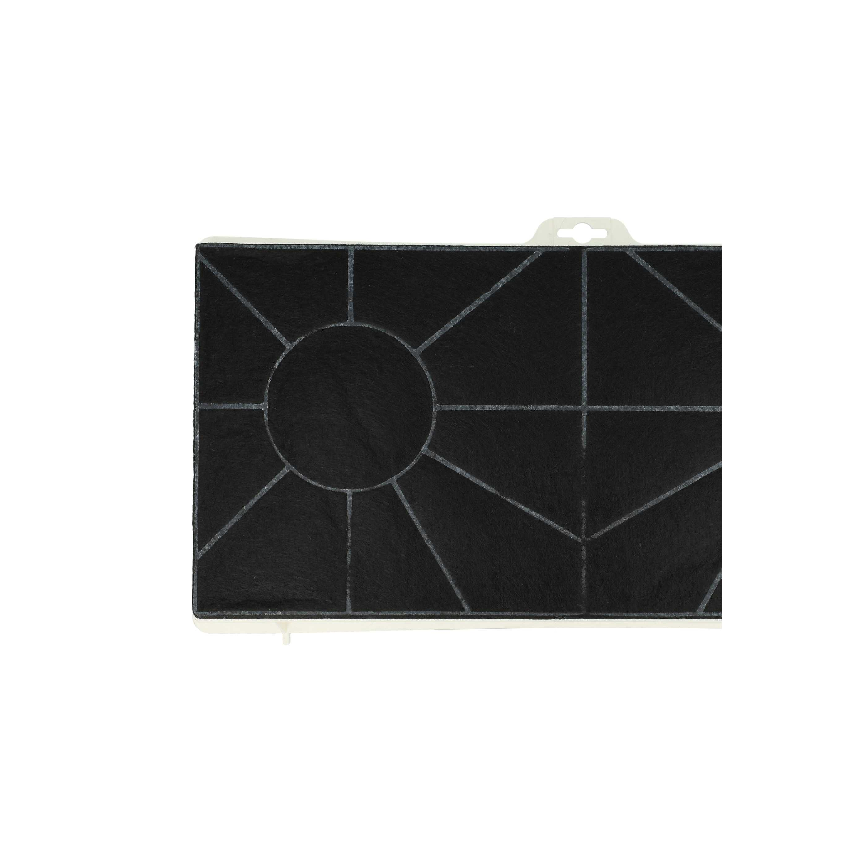 Ein schwarzer Luftfilter mit geometrischem Design, kreisförmigem Muster und weißem Rand, vor weißem Hintergrund.