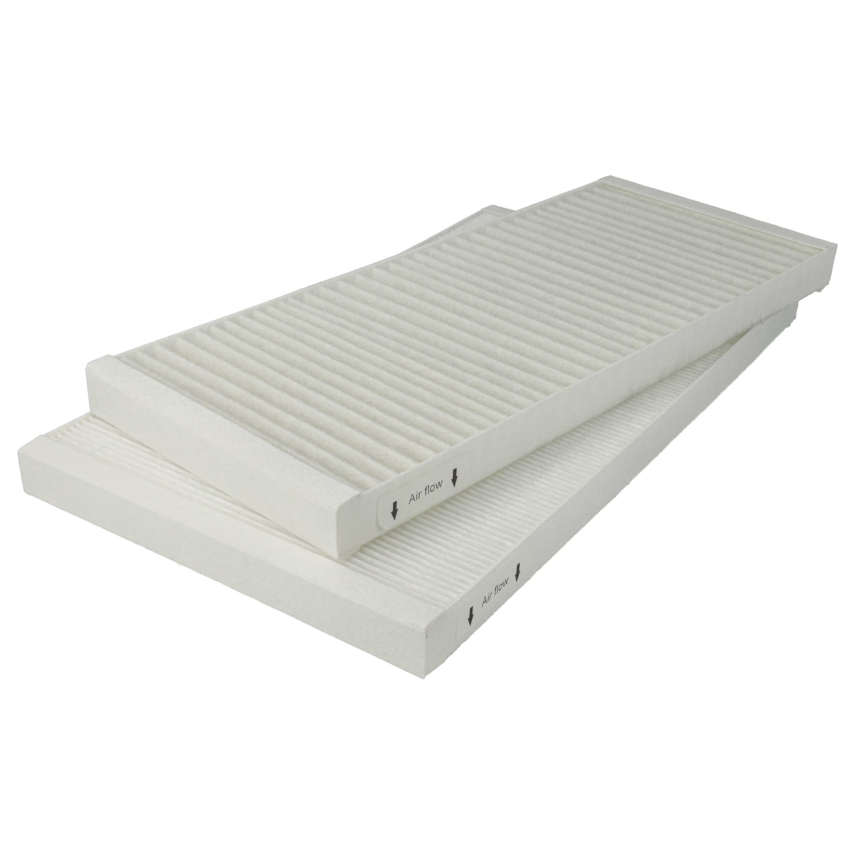 Zwei weiße rechteckige Luftfilter sind gestapelt. Die Luftströmungsrichtung ist mit Pfeilen angegeben.