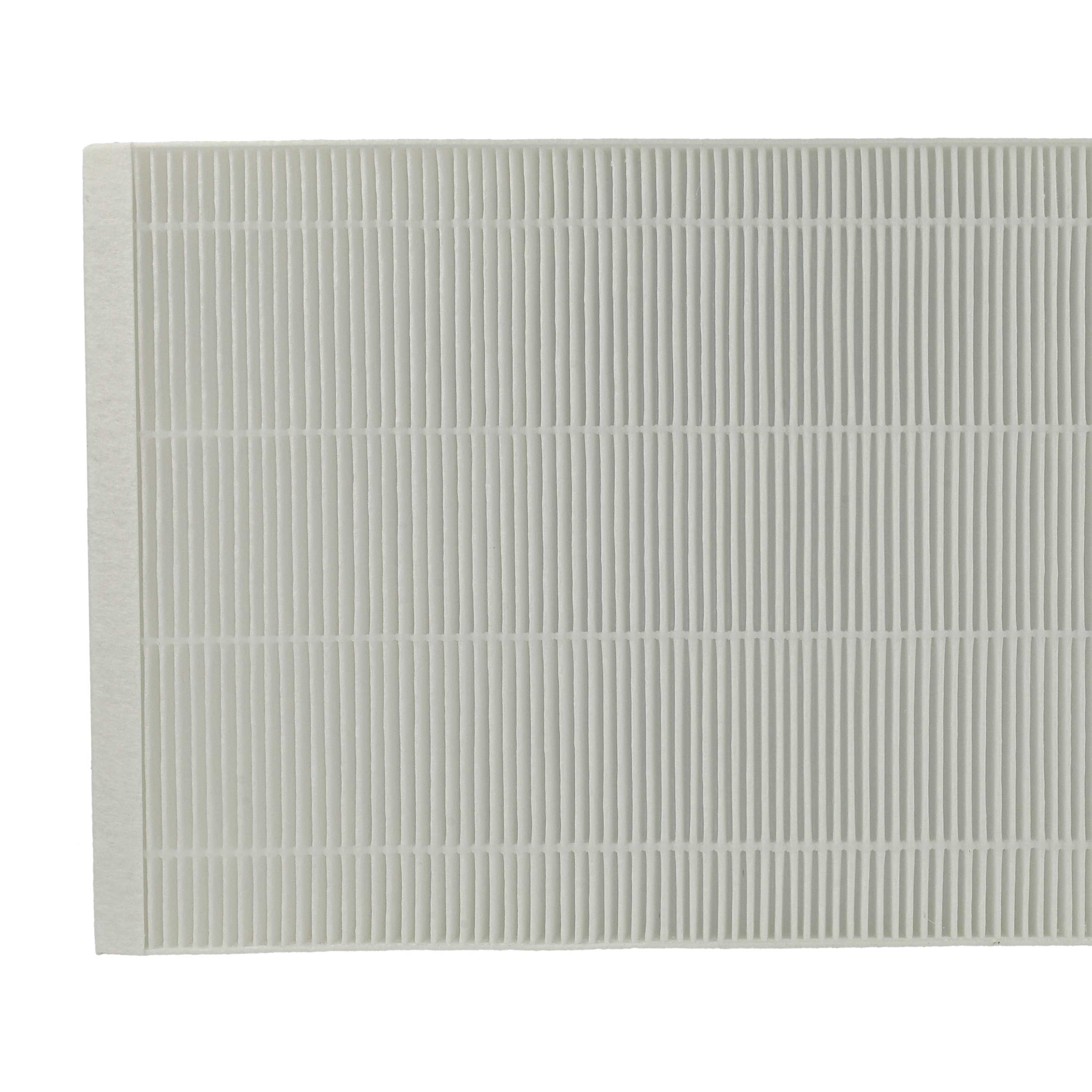 Ein weißer Luftfilter mit vertikalen, parallelen Rippen. Der Filter ist rechteckig und hat eine strukturierte Oberfläche.