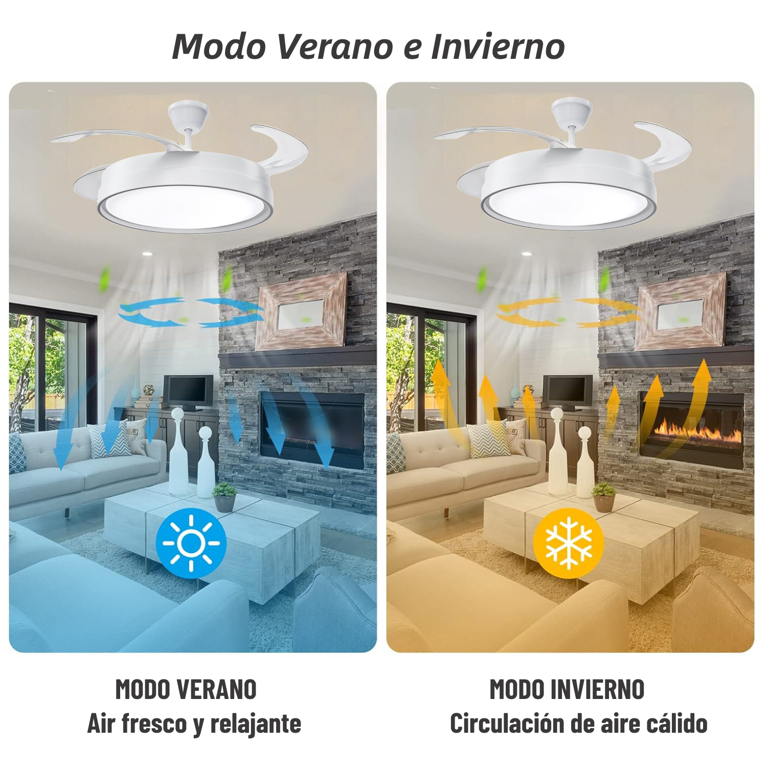 La imagen muestra dos habitaciones. Una con aire fresco, la otra con aire cálido. Hay ventiladores de techo en ambas habitaciones. El texto dice 'Modo Verano/Invierno'.