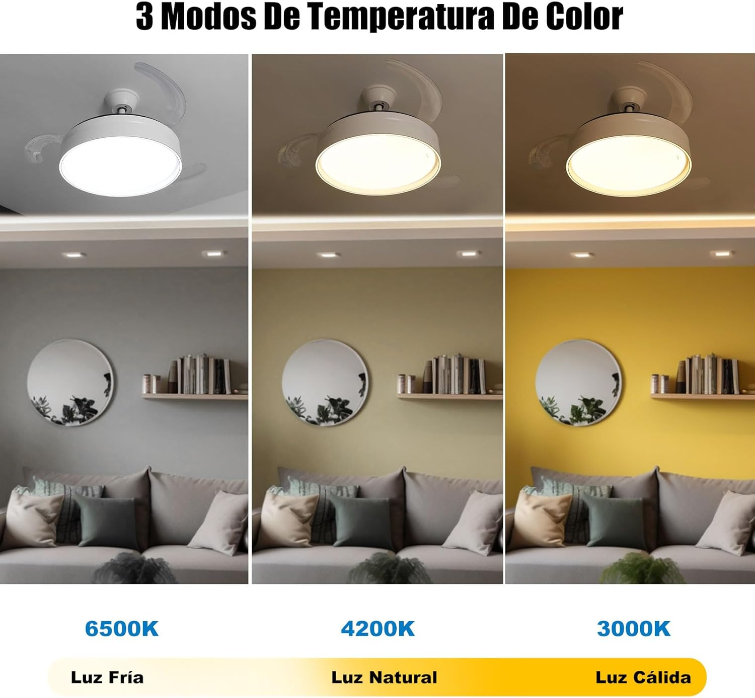 La imagen muestra tres escenas con diferentes temperaturas de luz. Cada escena tiene un ventilador de techo, un espejo, un sofá y una pared.