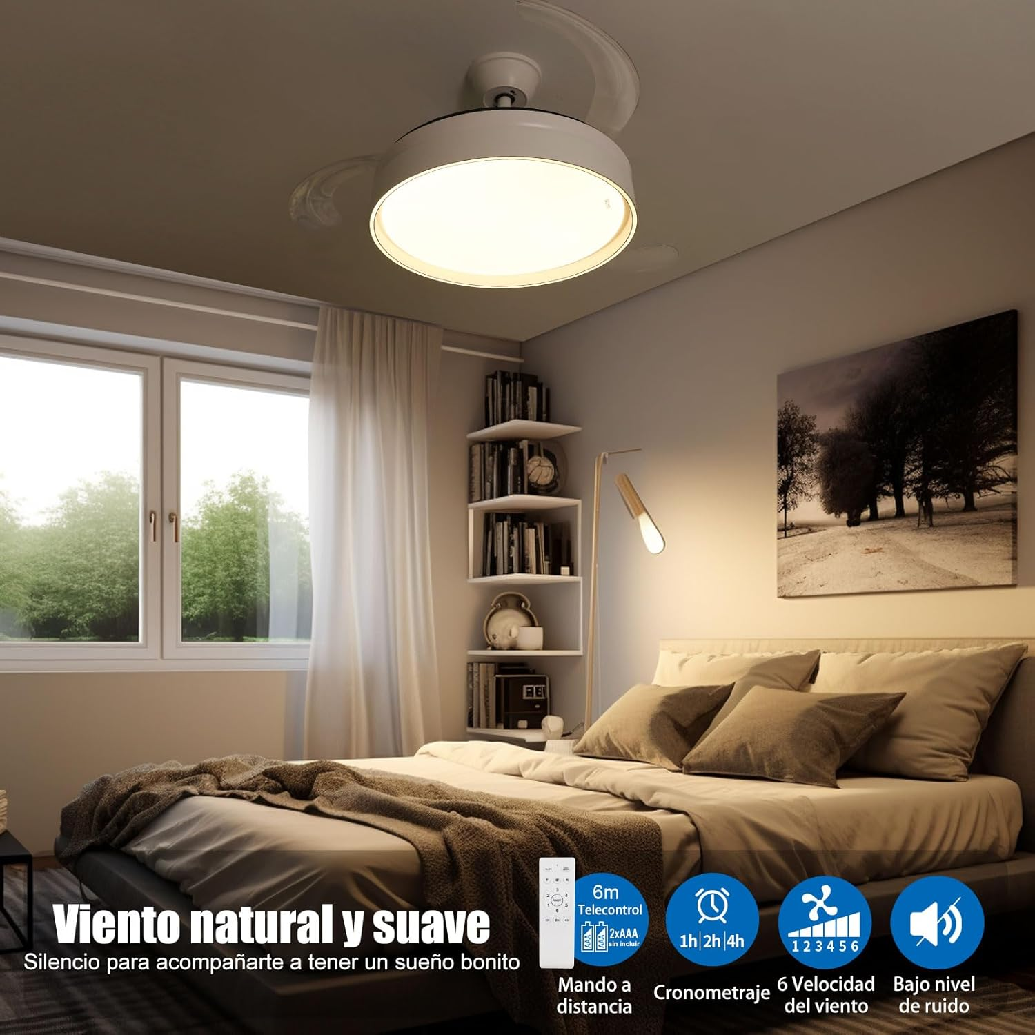 Dormitorio con cama, ventilador de techo con luz, ventana y estantería. El texto inferior dice: viento natural y suave.