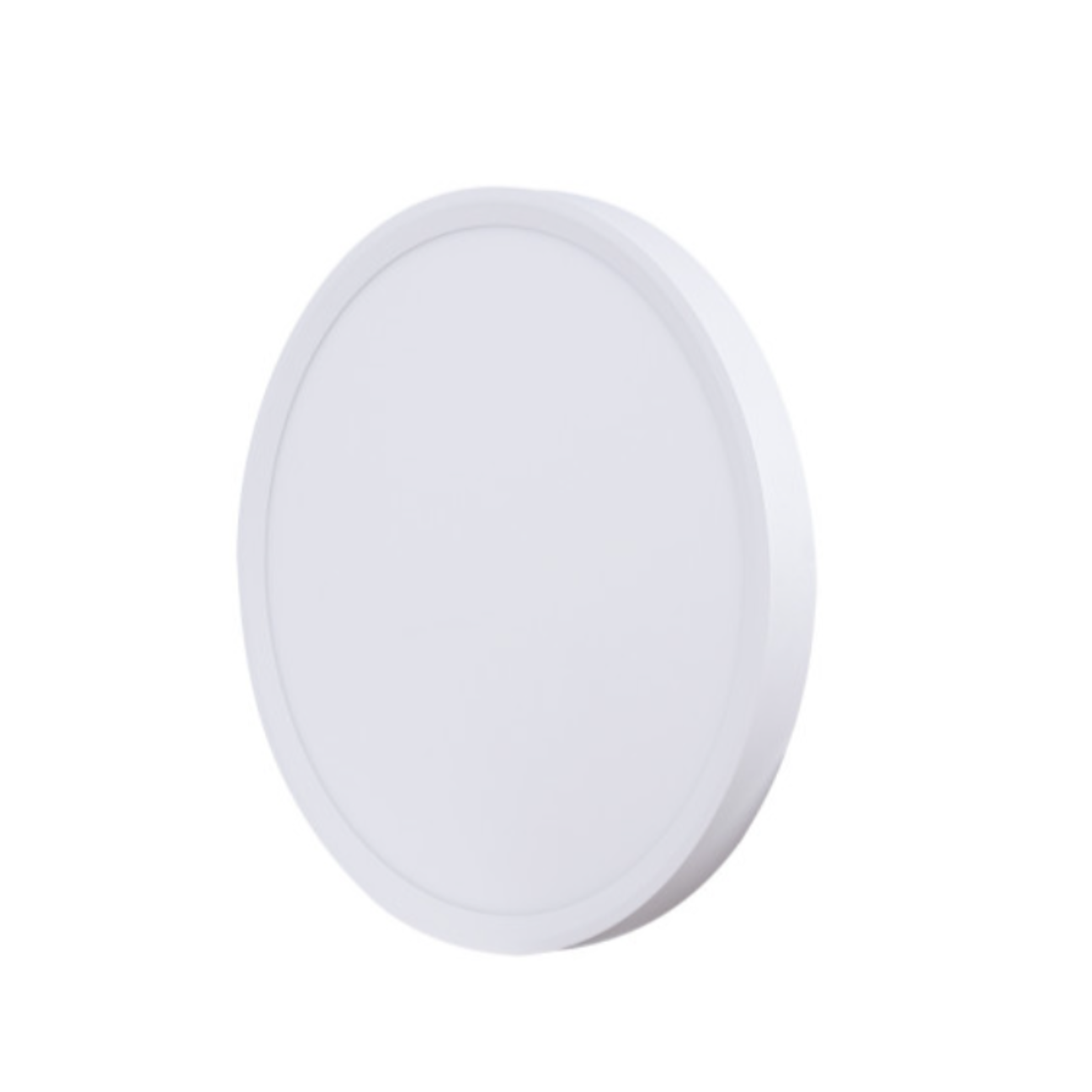 Una lámpara de techo LED blanca y redonda se muestra sobre un fondo blanco. Tiene forma circular con un borde ligeramente elevado.