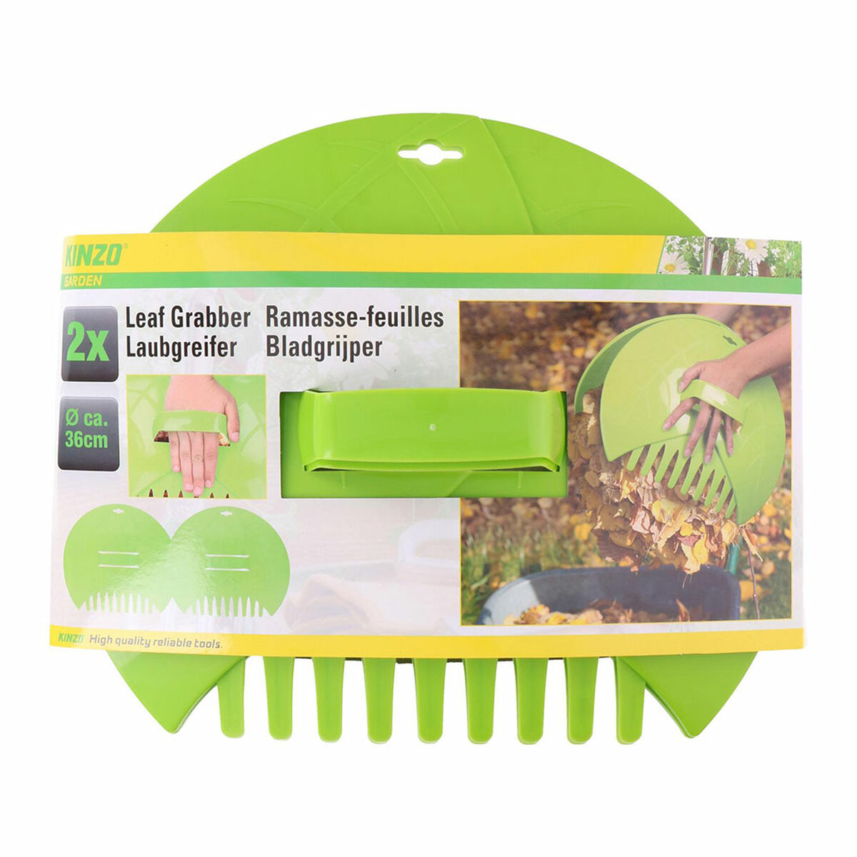 Auf der grünen Blättergreifer-Verpackung sind Produktdetails und -bilder zu sehen. Eine Person benutzt es draußen mit Blättern. Die Marke ist Kinzo.