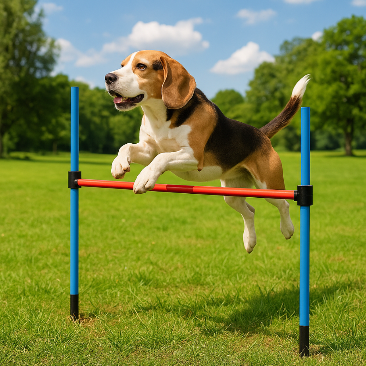 Un beagle salta sopra una barra rossa in un parco. Pali blu sostengono la barra. Erba verde e alberi sullo sfondo.