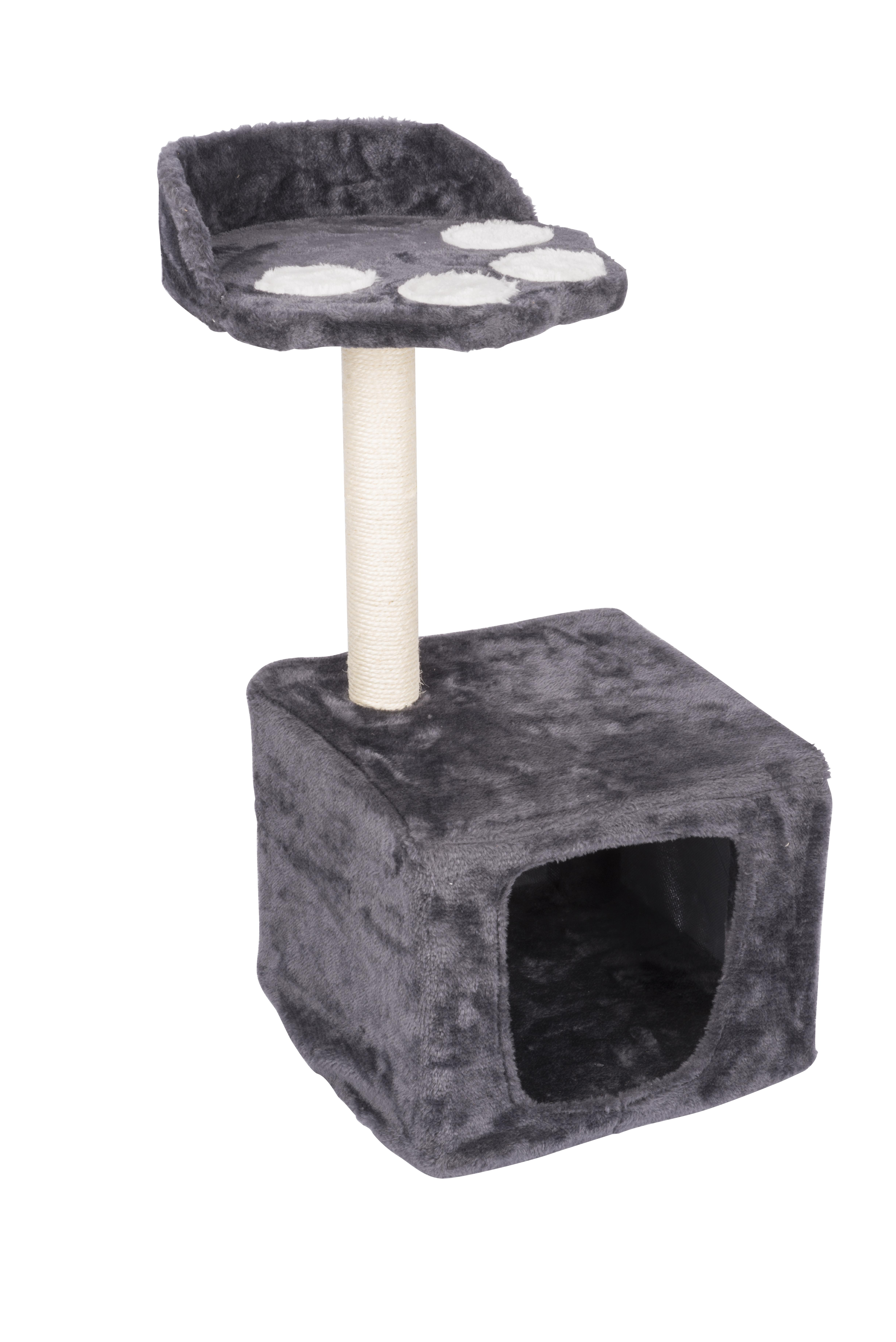 A gray cat tree with a cubby, a scratching post, and a top platform with paw-shaped accents.
