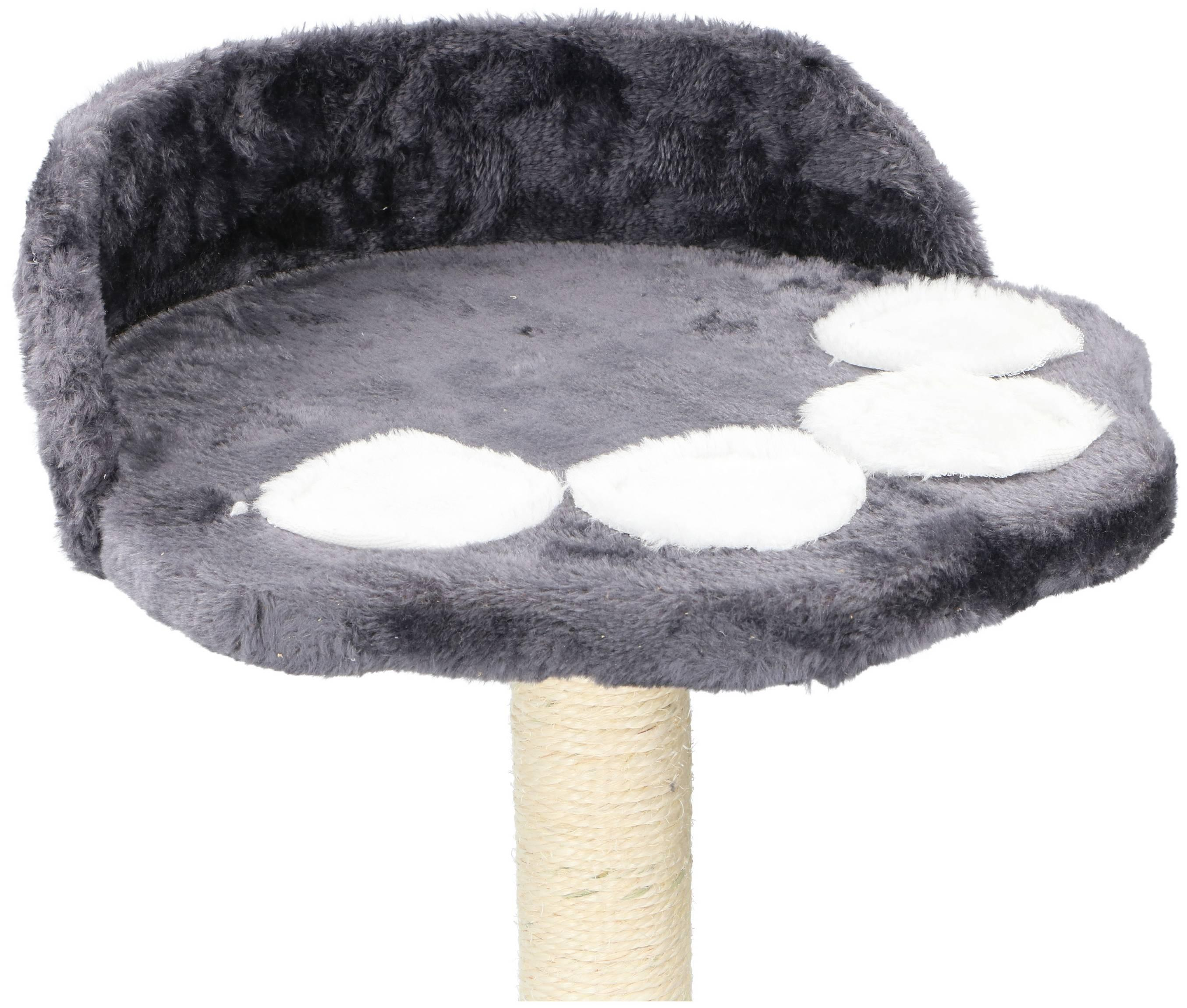 A cat tree with a gray, fluffy perch and white paw-shaped accents. It is supported by a sisal-wrapped post.