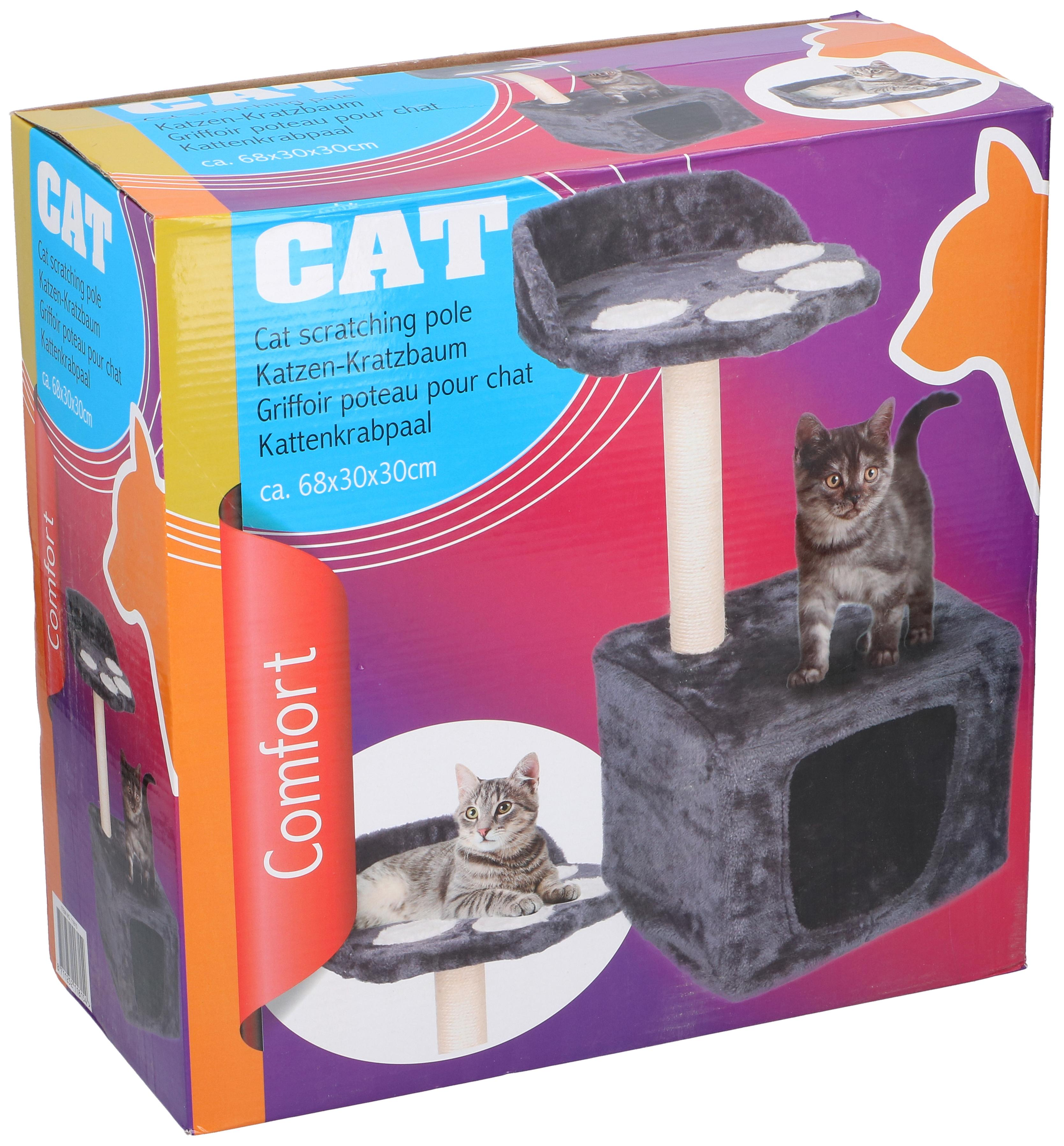 Box for a cat scratching post. It has a cat on the top, and a cat scratching post inside.
