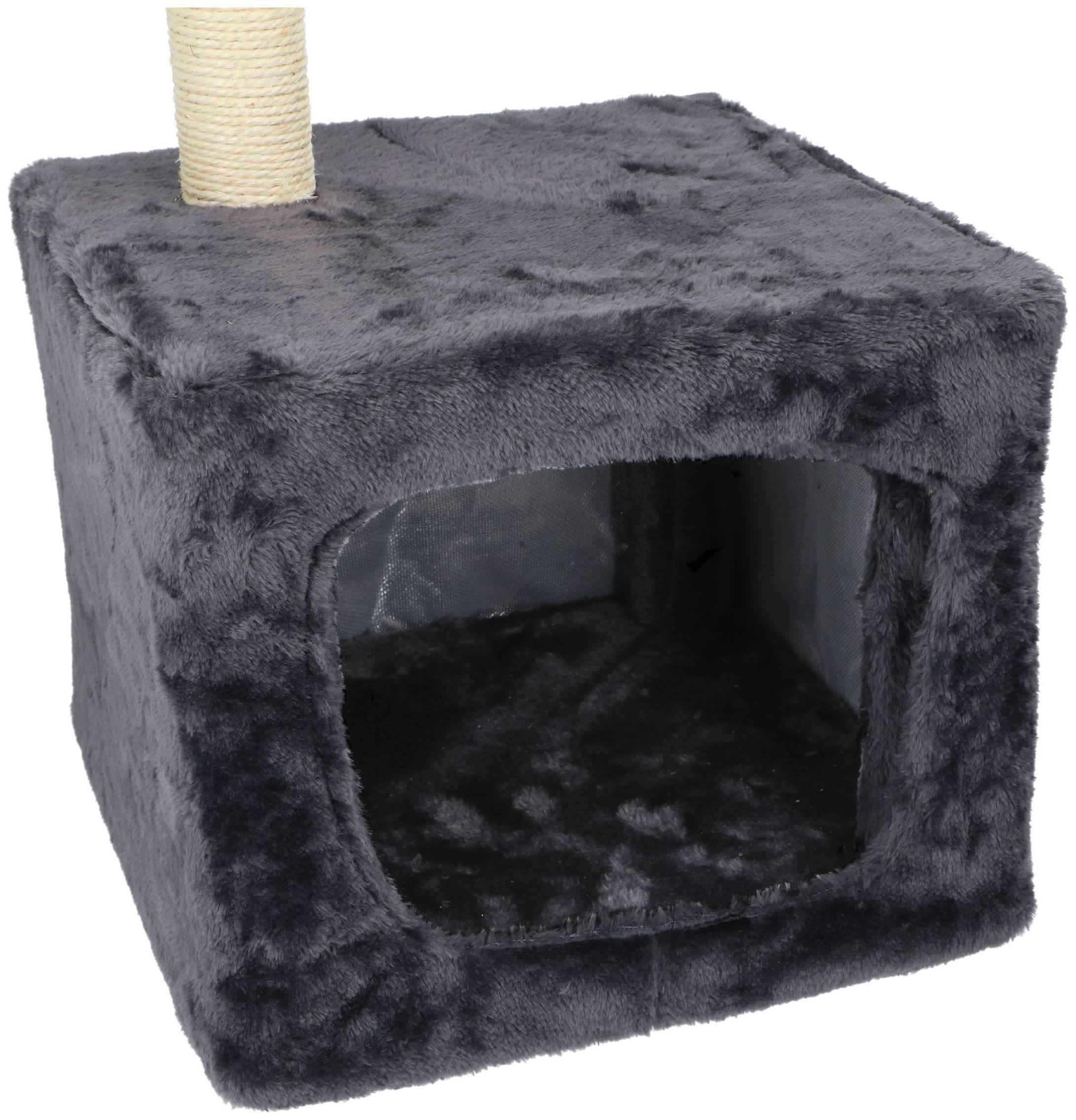 A gray cat house with a scratching post. The house has a square shape with an entrance. The post is made of rope.