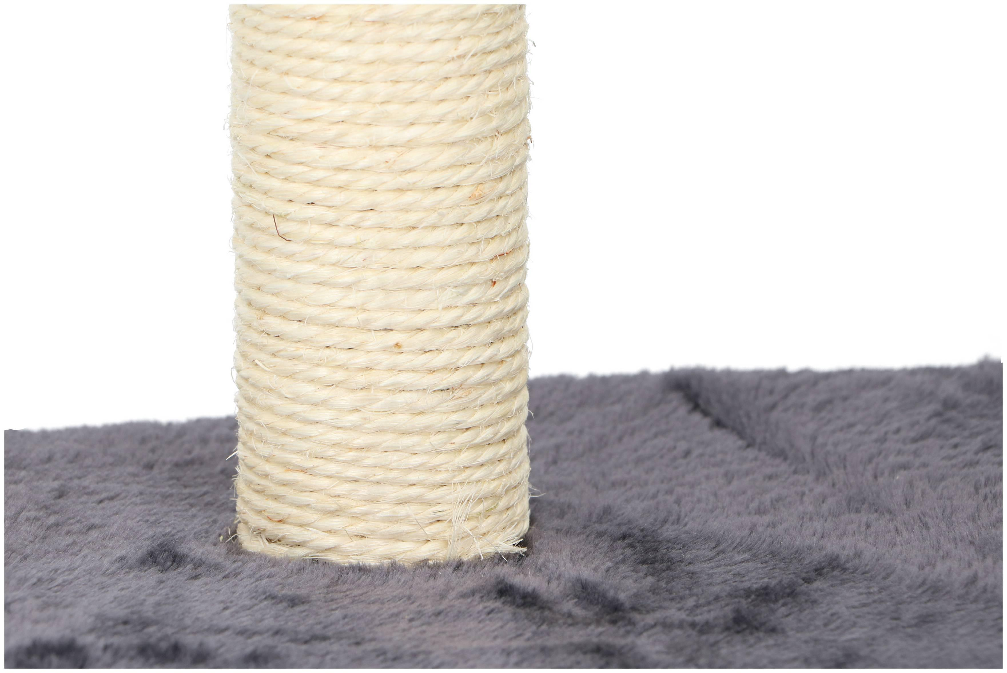 A cat scratching post. A beige rope-covered pillar stands on a grey, fluffy surface, against a white background.