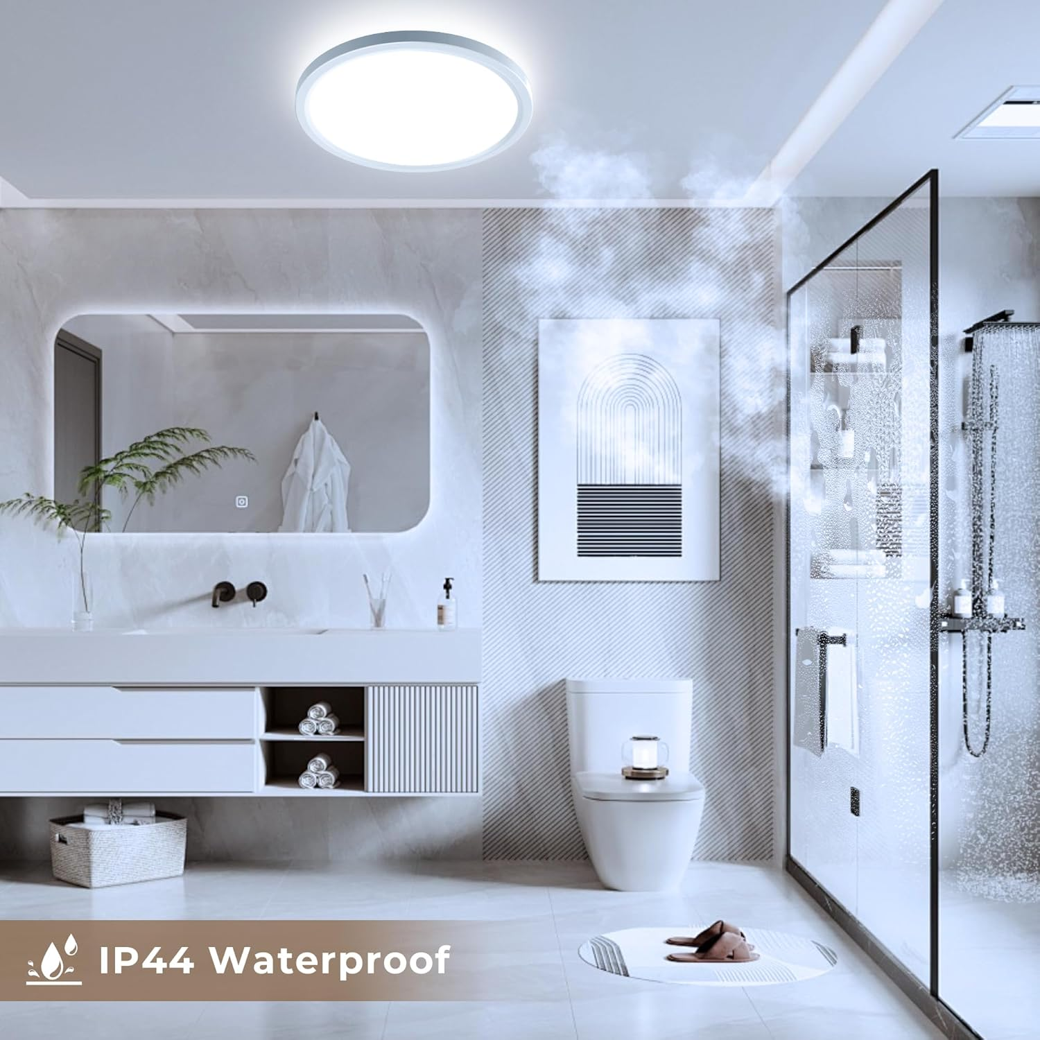 Baño moderno con luz de techo, espejo grande, inodoro, ducha y gabinetes blancos. Efecto de vapor visible.