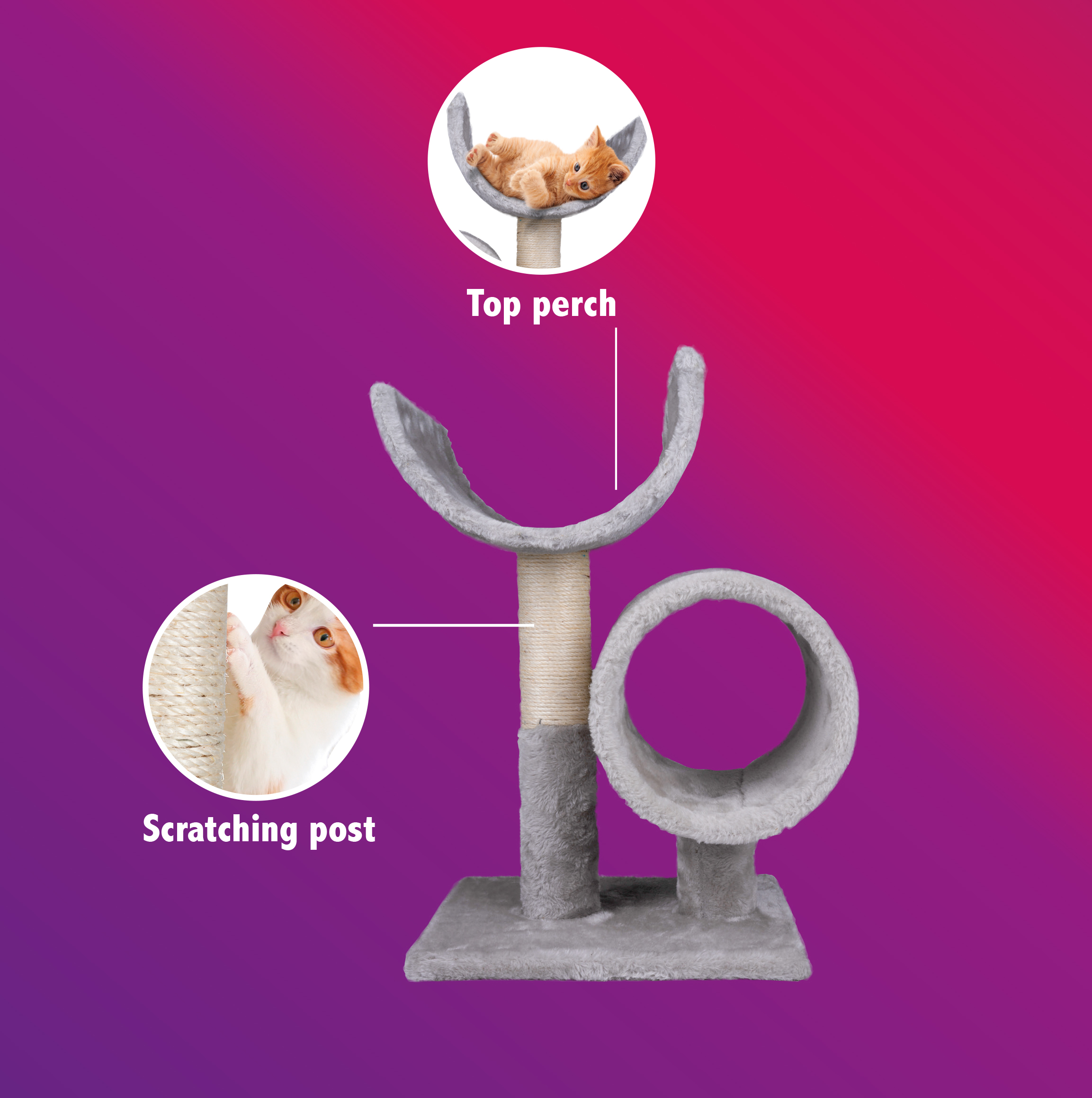 Cat tree with a top perch, scratching post, and a cat. The background is a gradient of purple and pink.