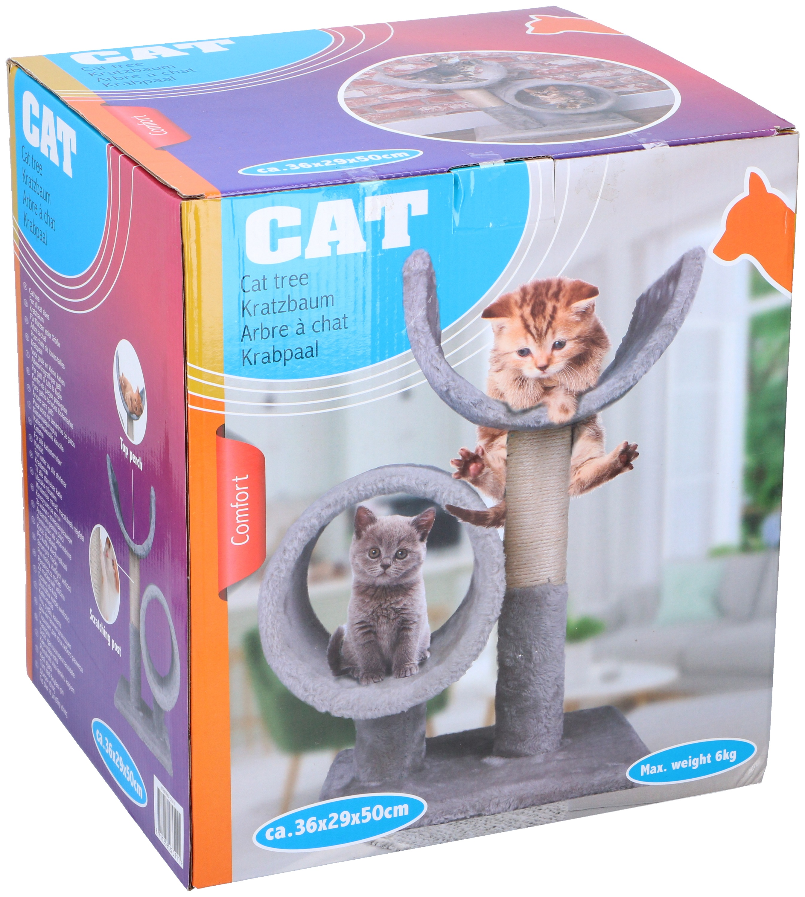 Box with cat tree, two kittens on it. Grey and orange. The box has text in multiple languages.