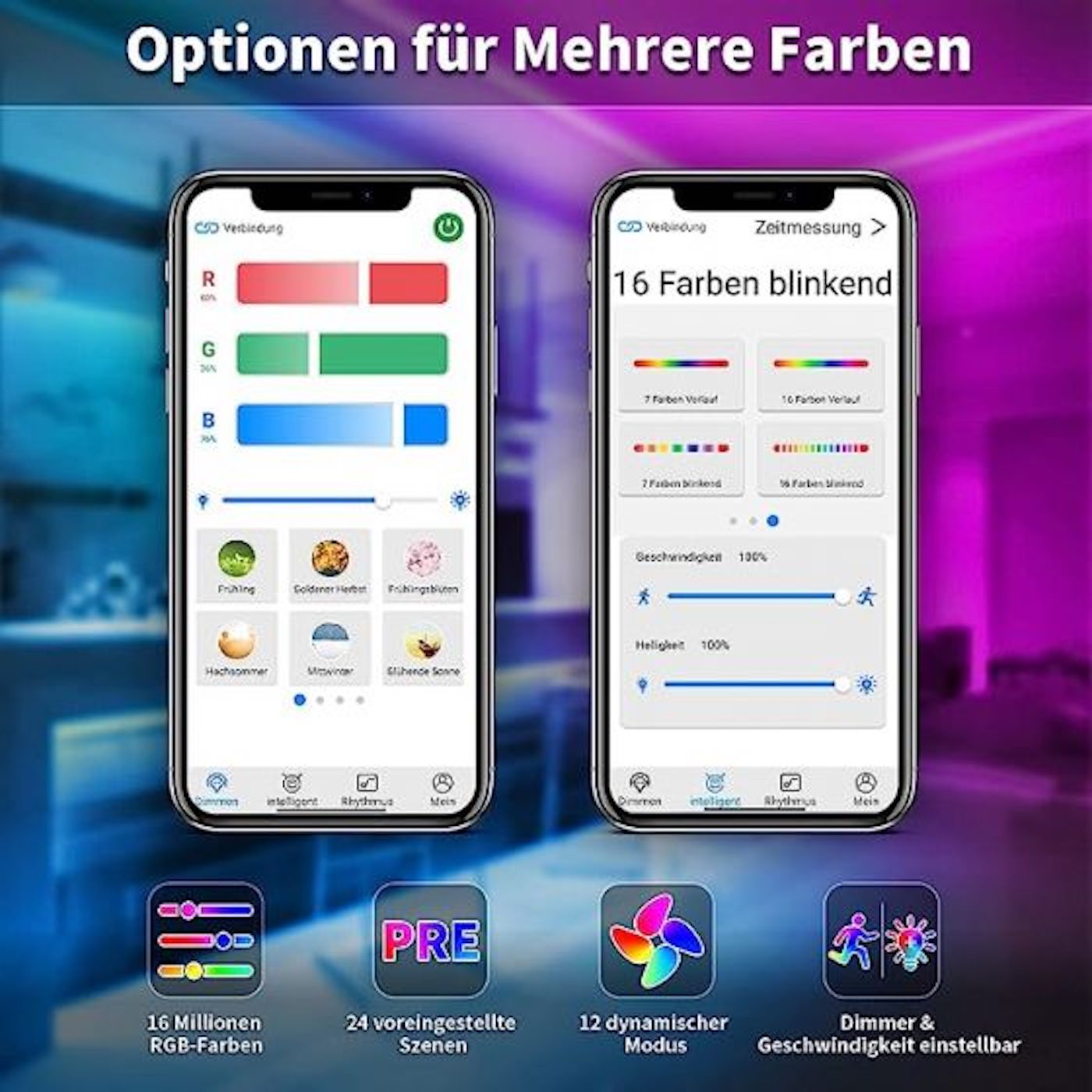 Dos smartphones muestran opciones de color. Debajo, iconos indican características: colores RGB, escenas preestablecidas, modos dinámicos y control de atenuación.