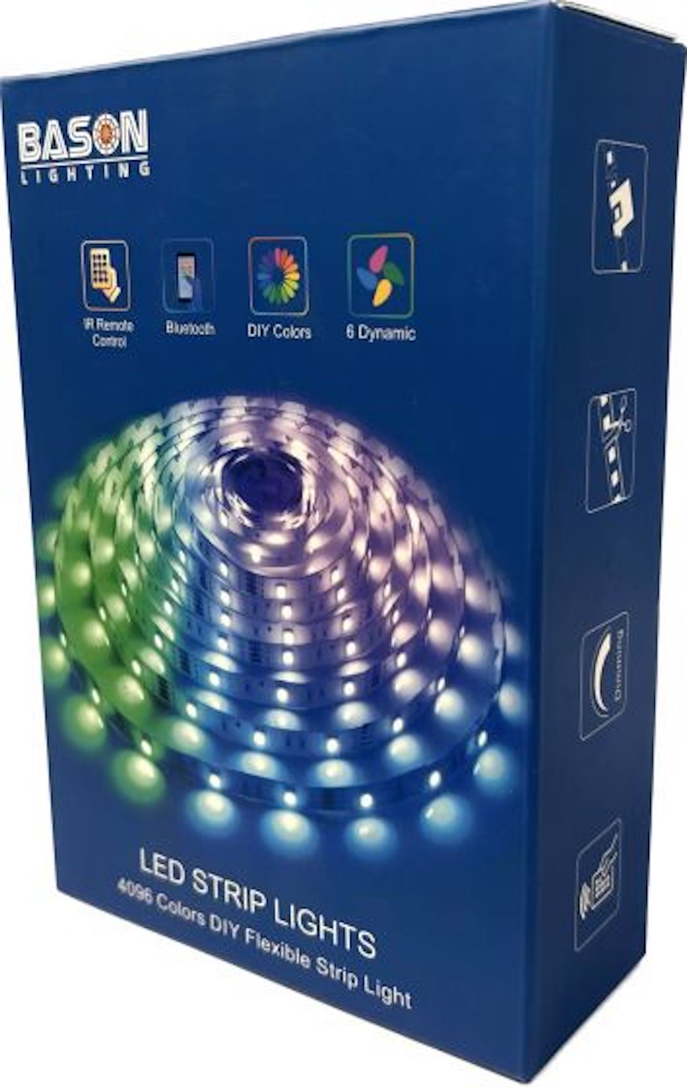 La caja muestra luces de tira LED. Las características incluyen control remoto, Bluetooth, colores DIY y configuraciones dinámicas. La caja es azul.