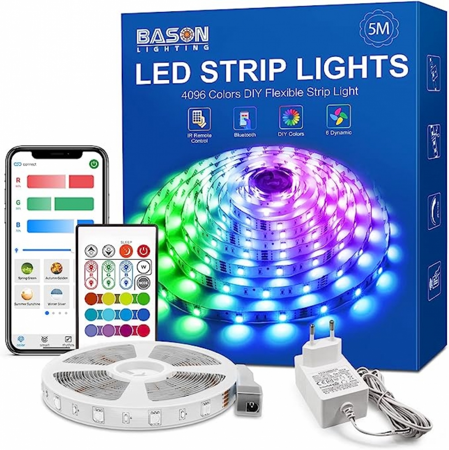 Kit de luces de tira LED con teléfono, tableta, mando a distancia, fuente de alimentación y una caja. Las luces son coloridas. La caja dice Bason Lighting y luces de tira LED.