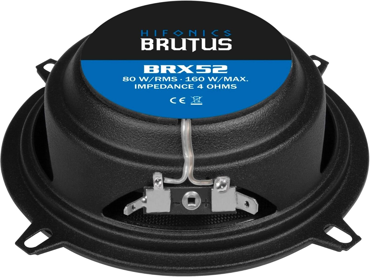 Schwarzer Lautsprecher mit blauem und weißem Etikett. Auf dem Etikett steht 'HIFONICS BRUTUS BRX52' mit Leistungs- und Impedanzangaben. Silberne Anschlüsse unten.
