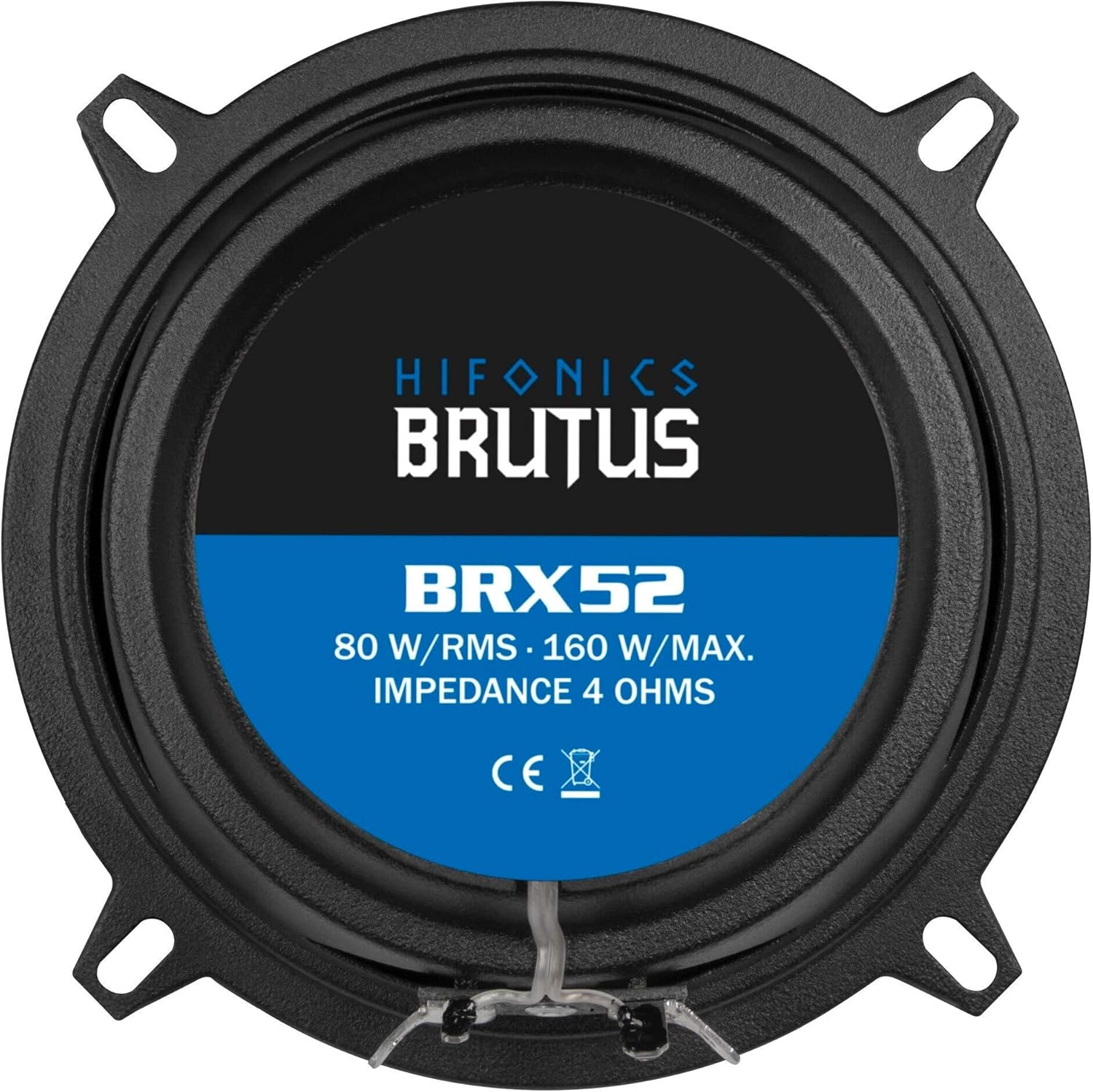 Ein schwarzer Lautsprecher mit blau-schwarzem Zentrum. Text enthält 'HIFONICS BRUTUS BRX52' und technische Daten. Vier Montagelaschen sind sichtbar.
