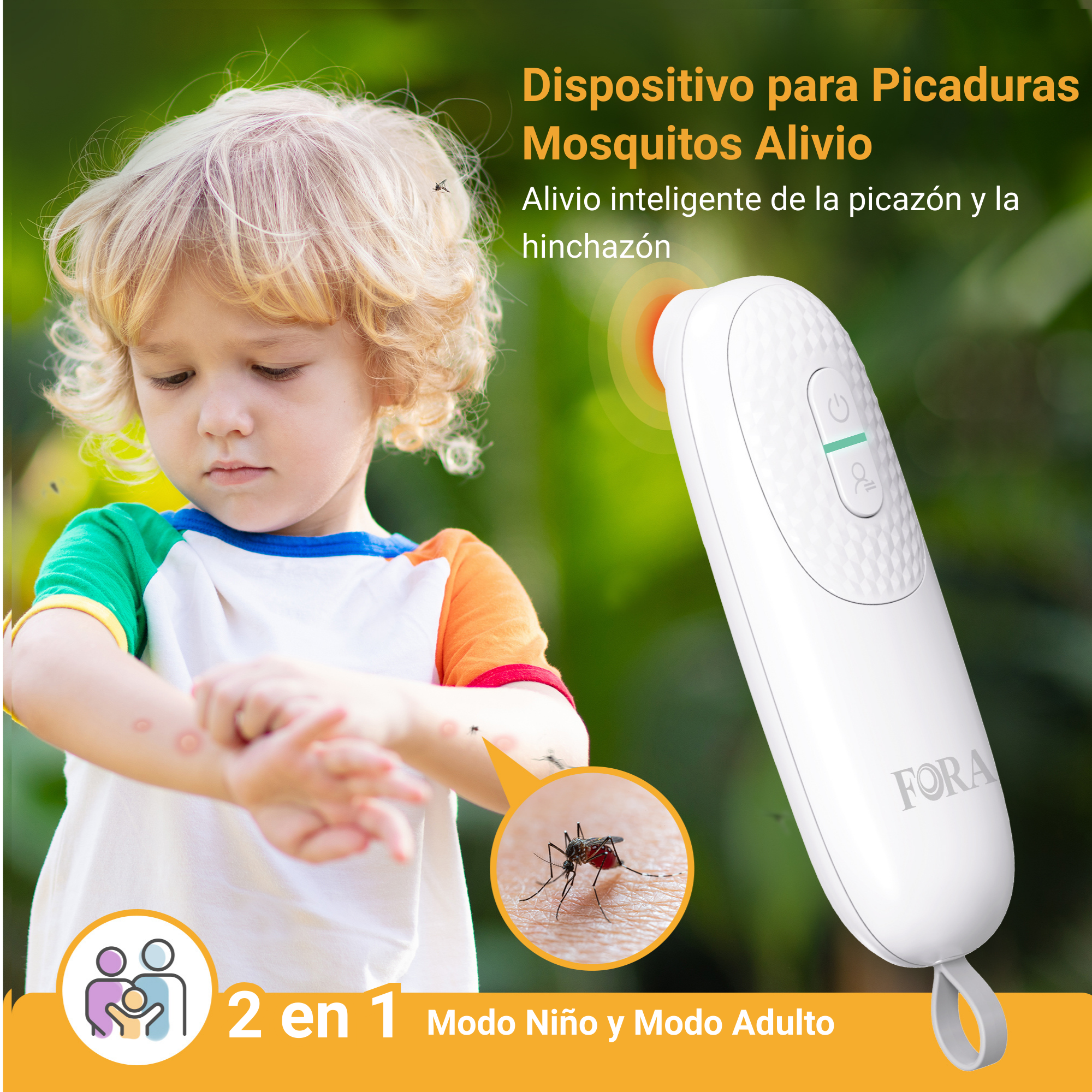 Un niño con cabello rizado mira un brazo con picaduras de mosquitos. Hay un dispositivo blanco cerca. Texto: Alivio de picaduras de mosquitos.