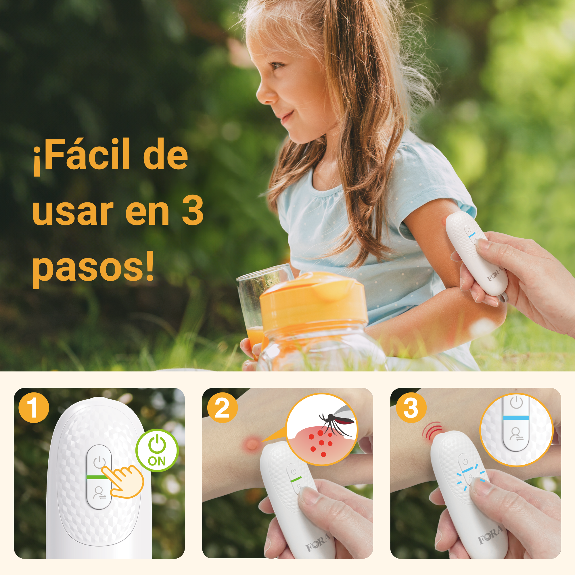 Una niña usa un dispositivo para tratar picaduras de mosquitos. La imagen muestra el dispositivo en tres pasos: activar, aplicar y tratar.