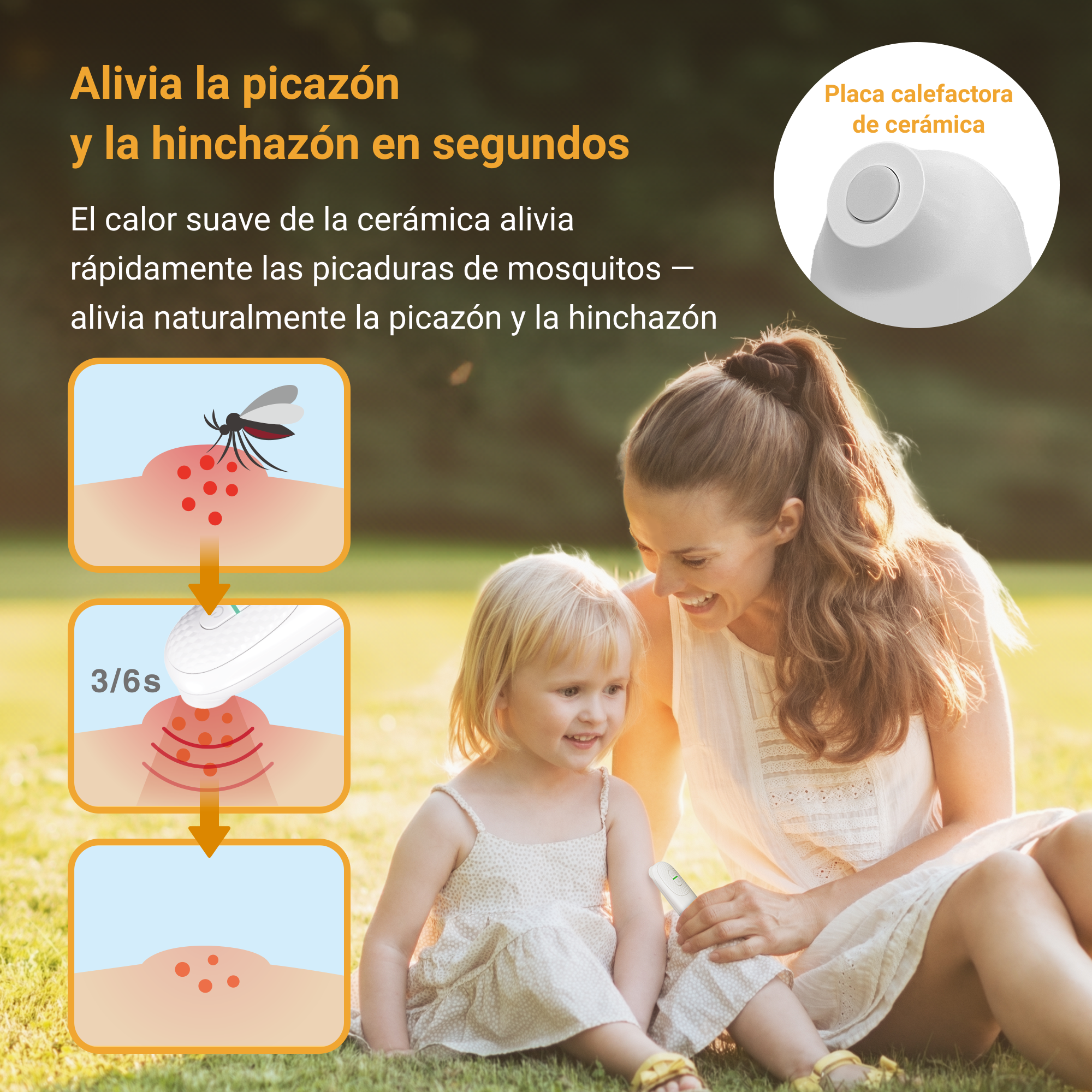 Una mujer y una niña están sentadas en la hierba. Se utiliza un dispositivo para tratar una picadura de mosquito. Los gráficos muestran el proceso.