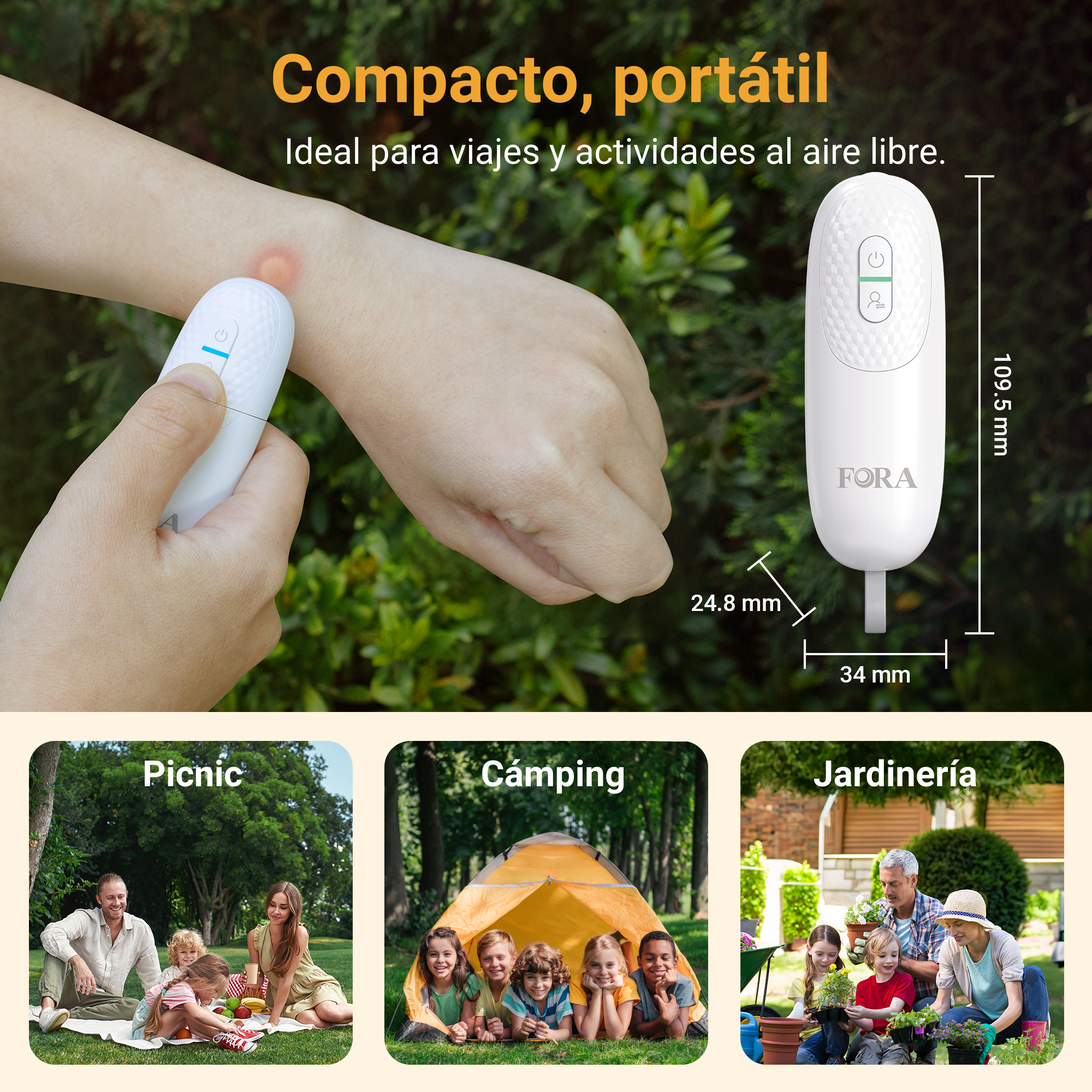 Una mano sostiene un dispositivo blanco sobre una piel con una protuberancia roja. El texto dice 'Compacto, portátil' con imágenes de picnic, camping y jardinería.