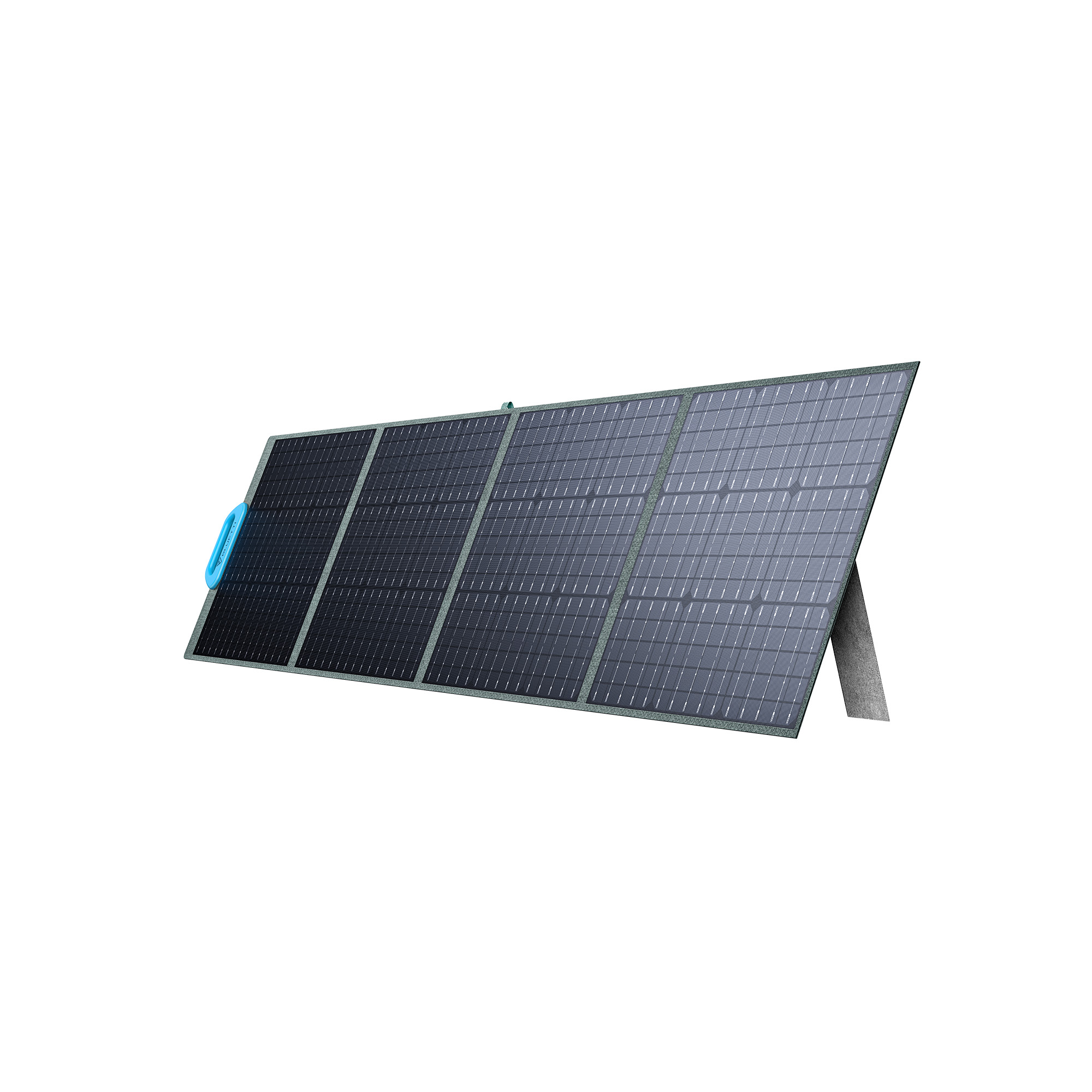 Un panel solar portátil, oscuro con asa azul, está apoyado sobre un fondo blanco. Es un rectángulo con cuatro secciones.