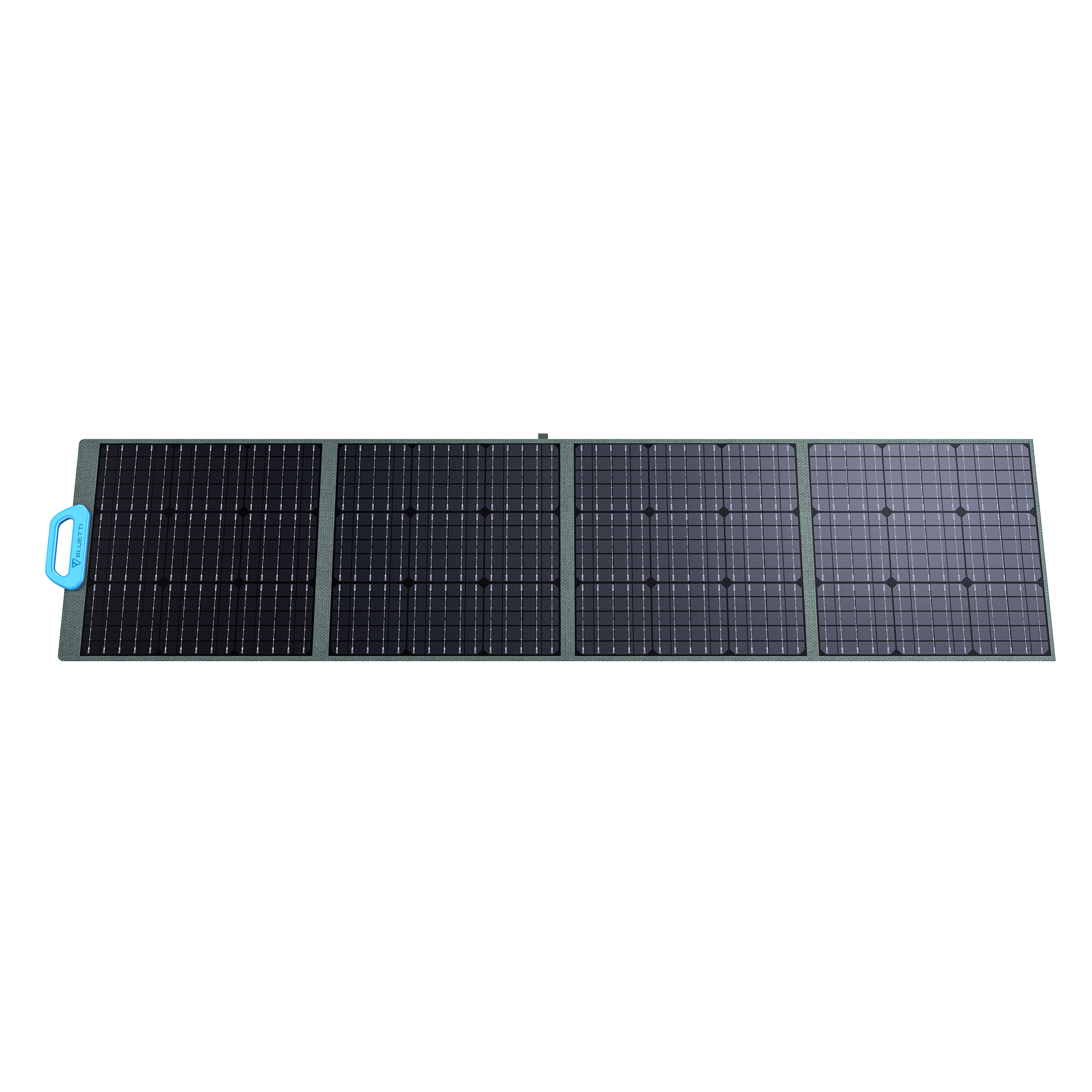 Panel solar plegable sobre fondo blanco. Tiene paneles oscuros, un asa azul claro y un borde verde.
