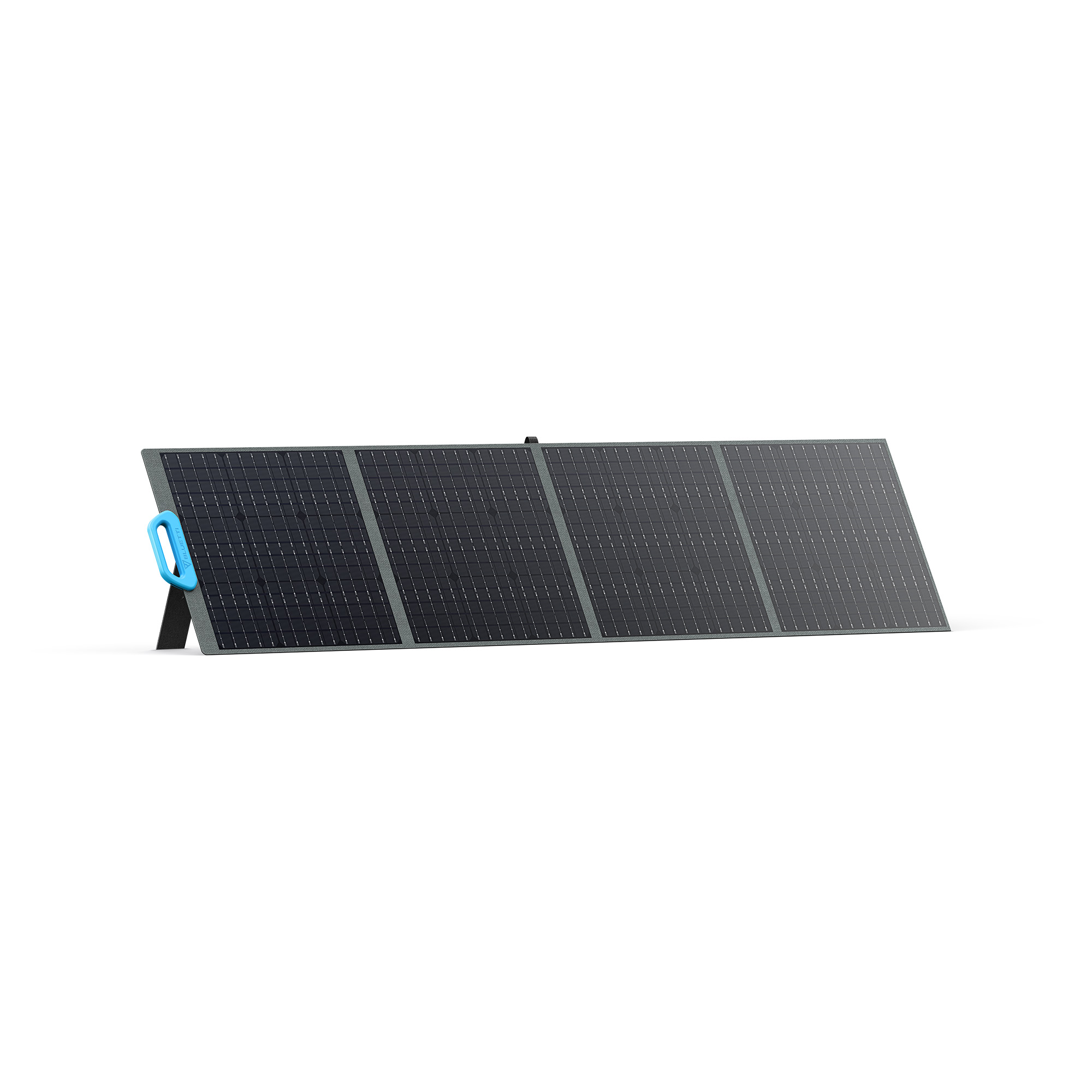 Un panel solar plegable con un asa azul sobre un fondo blanco. El panel es negro y gris, con un soporte.