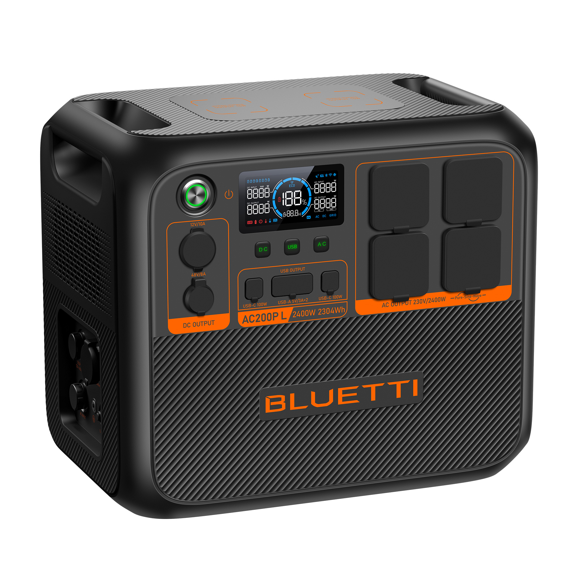 Schwarze Powerstation mit orangefarbenen Akzenten. Mit Display, mehreren Steckdosen und dem Markennamen Bluetti.