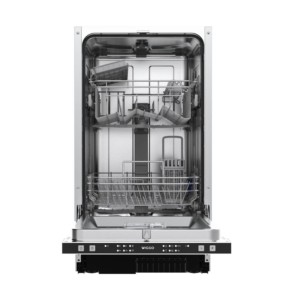 An open, stainless steel dishwasher with racks and control panel. The door is open, revealing the interior.