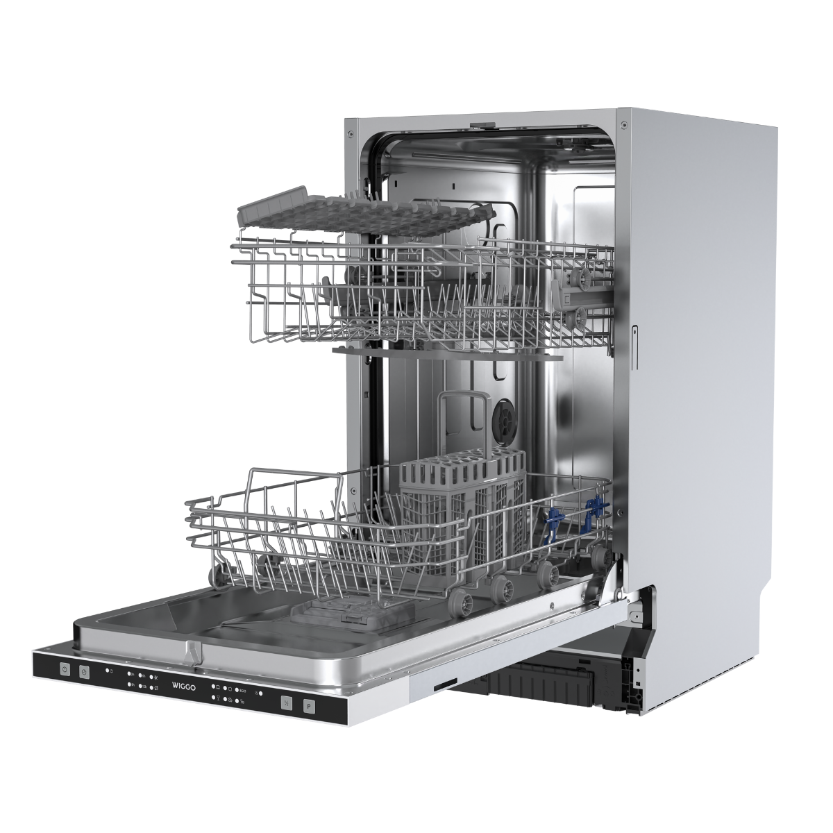 A dishwasher with the door open, revealing two racks. The machine is silver with a control panel. Racks are empty.