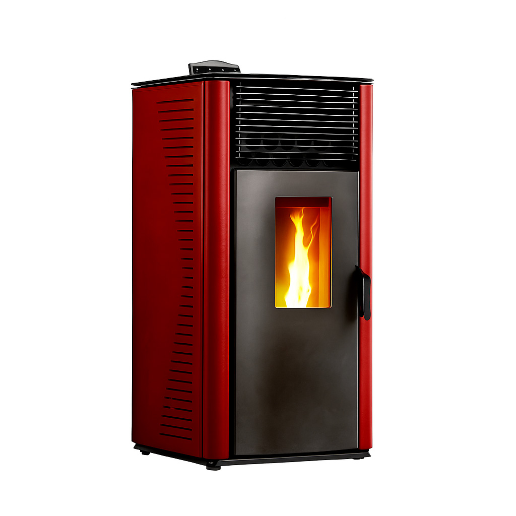 Ein rot-schwarzer Pelletofen mit Feuer, das durch ein Glasfenster sichtbar ist. Der Ofen steht auf weißem Hintergrund.